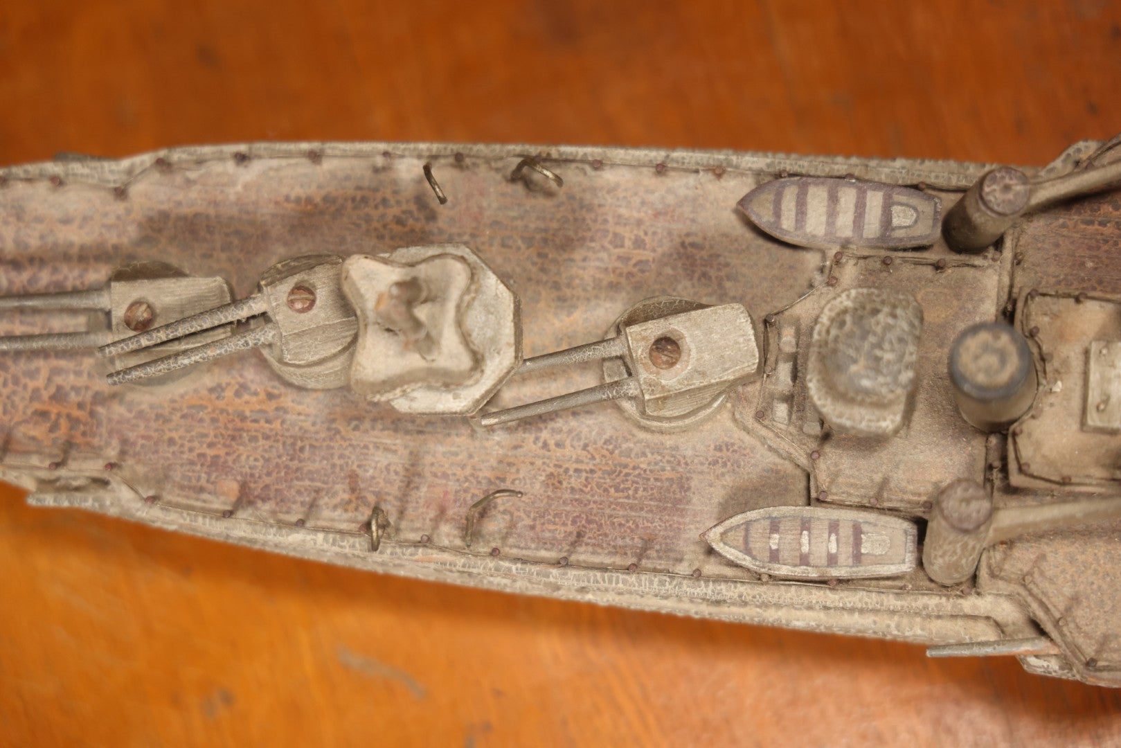 Vintage Folk Art Carved Wooden Battleship Model With Original Painted Surface, 23" L