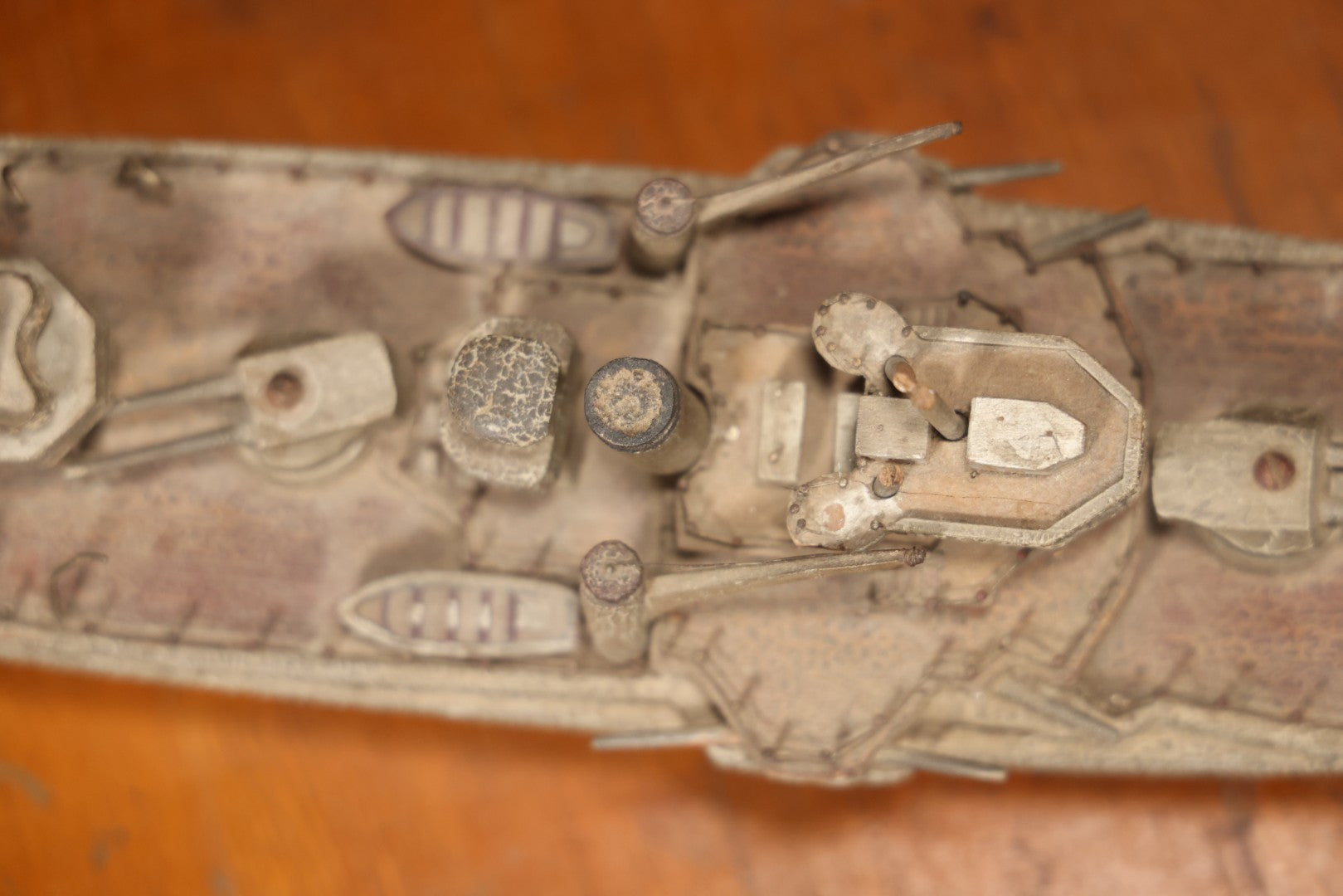 Vintage Folk Art Carved Wooden Battleship Model With Original Painted Surface, 23" L