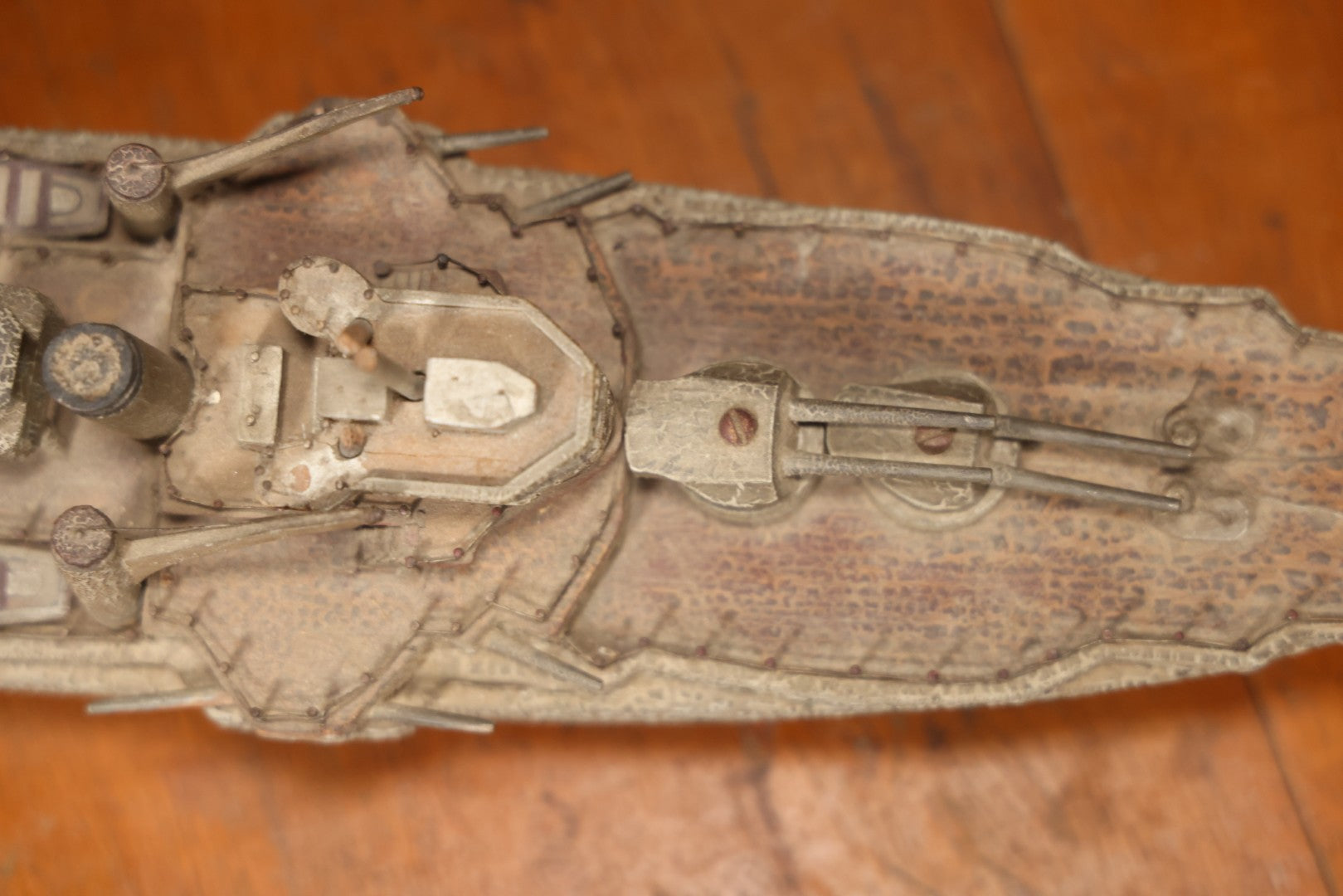 Vintage Folk Art Carved Wooden Battleship Model With Original Painted Surface, 23" L