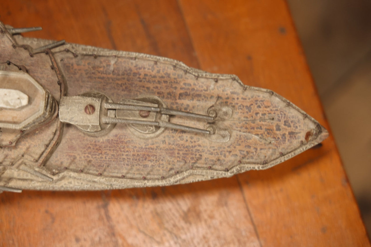 Vintage Folk Art Carved Wooden Battleship Model With Original Painted Surface, 23" L