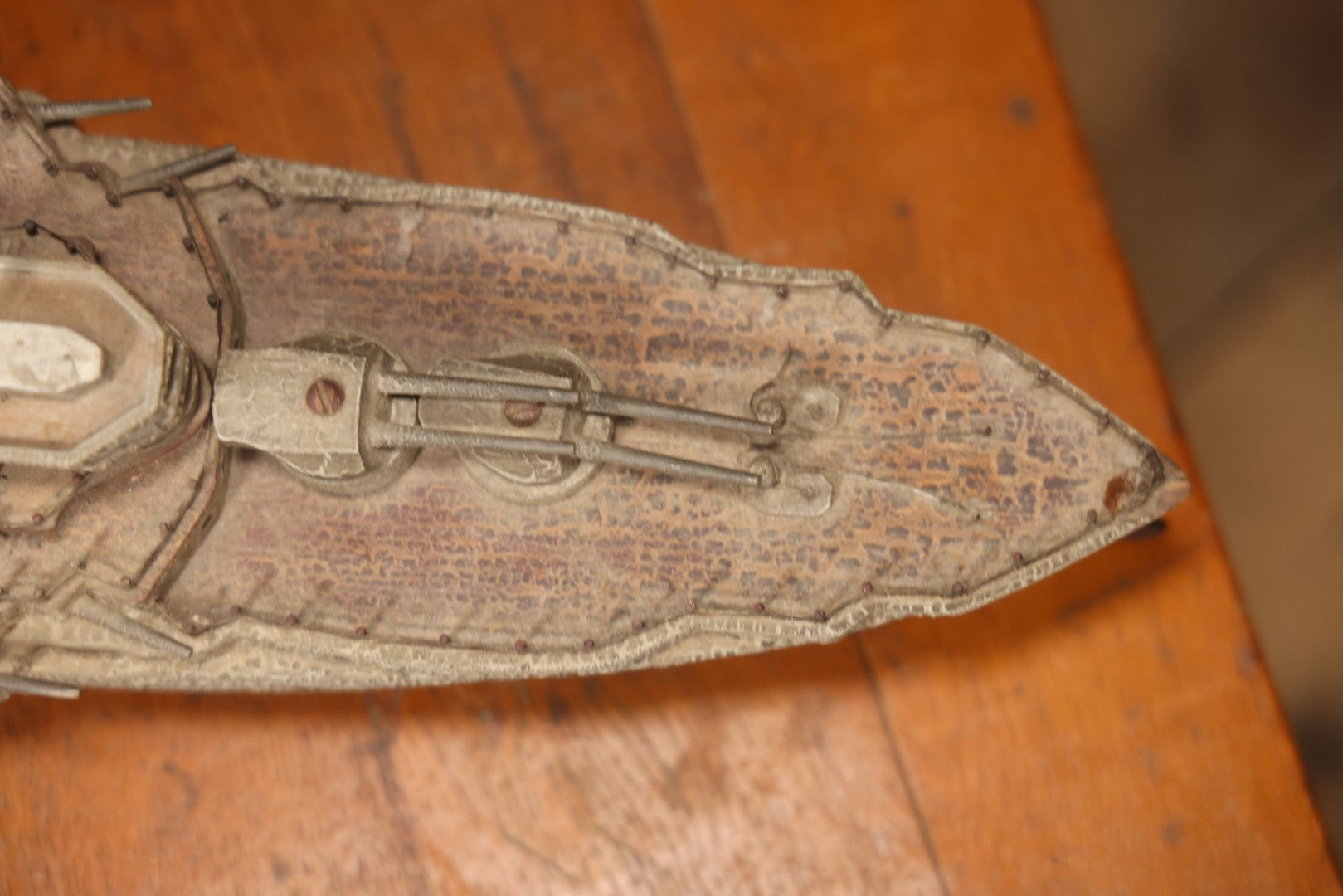 Vintage Folk Art Carved Wooden Battleship Model With Original Painted Surface, 23" L