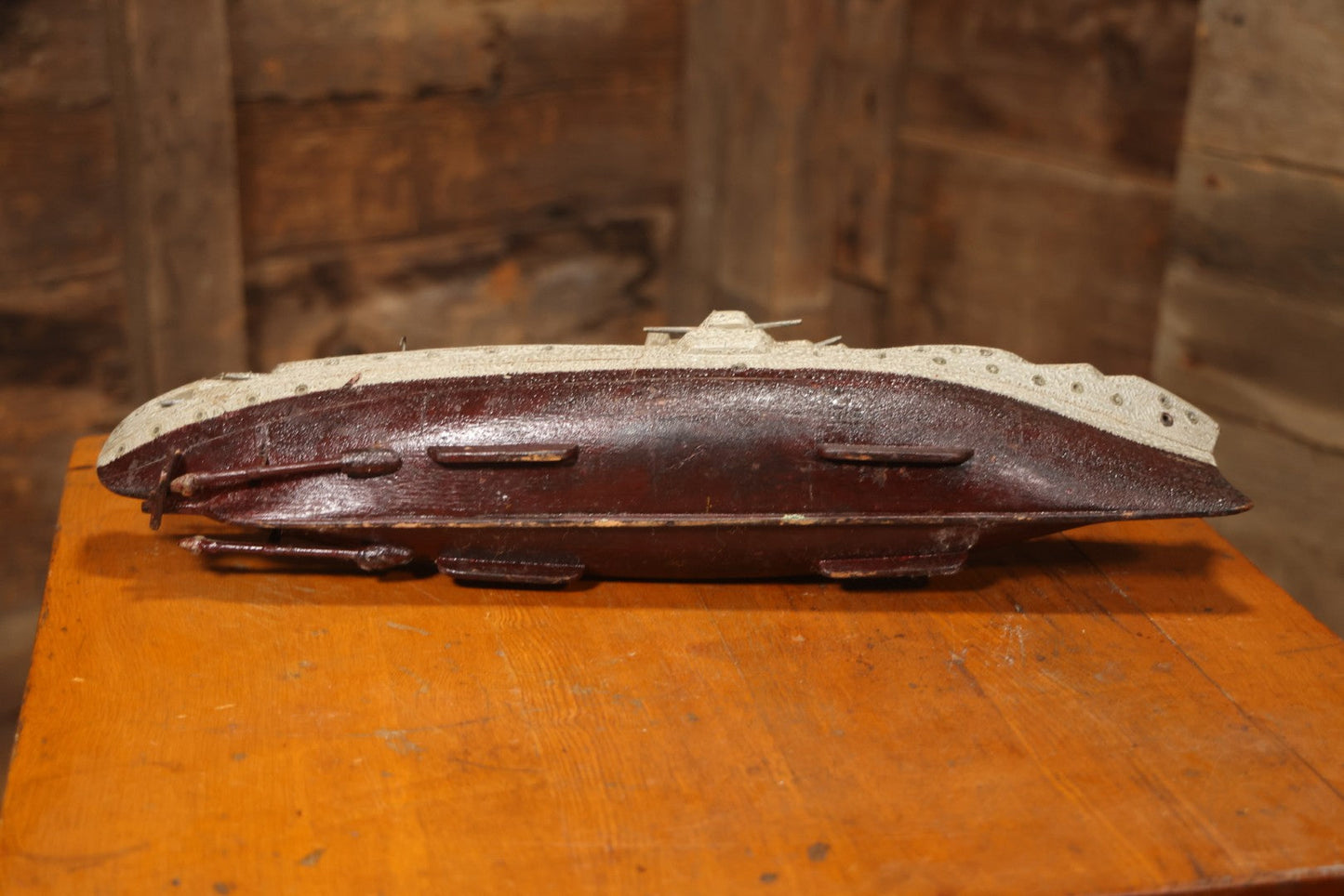 Vintage Folk Art Carved Wooden Battleship Model With Original Painted Surface, 23" L