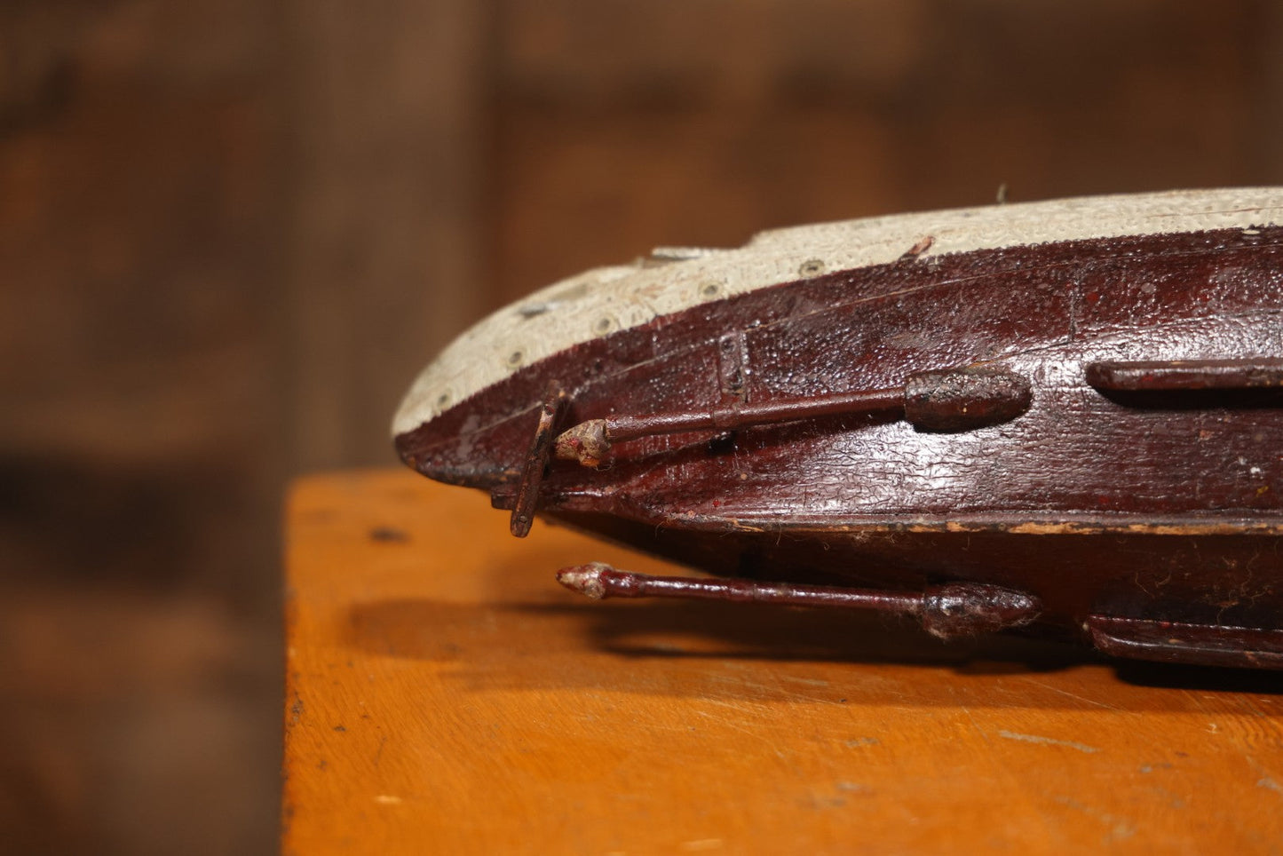 Vintage Folk Art Carved Wooden Battleship Model With Original Painted Surface, 23" L