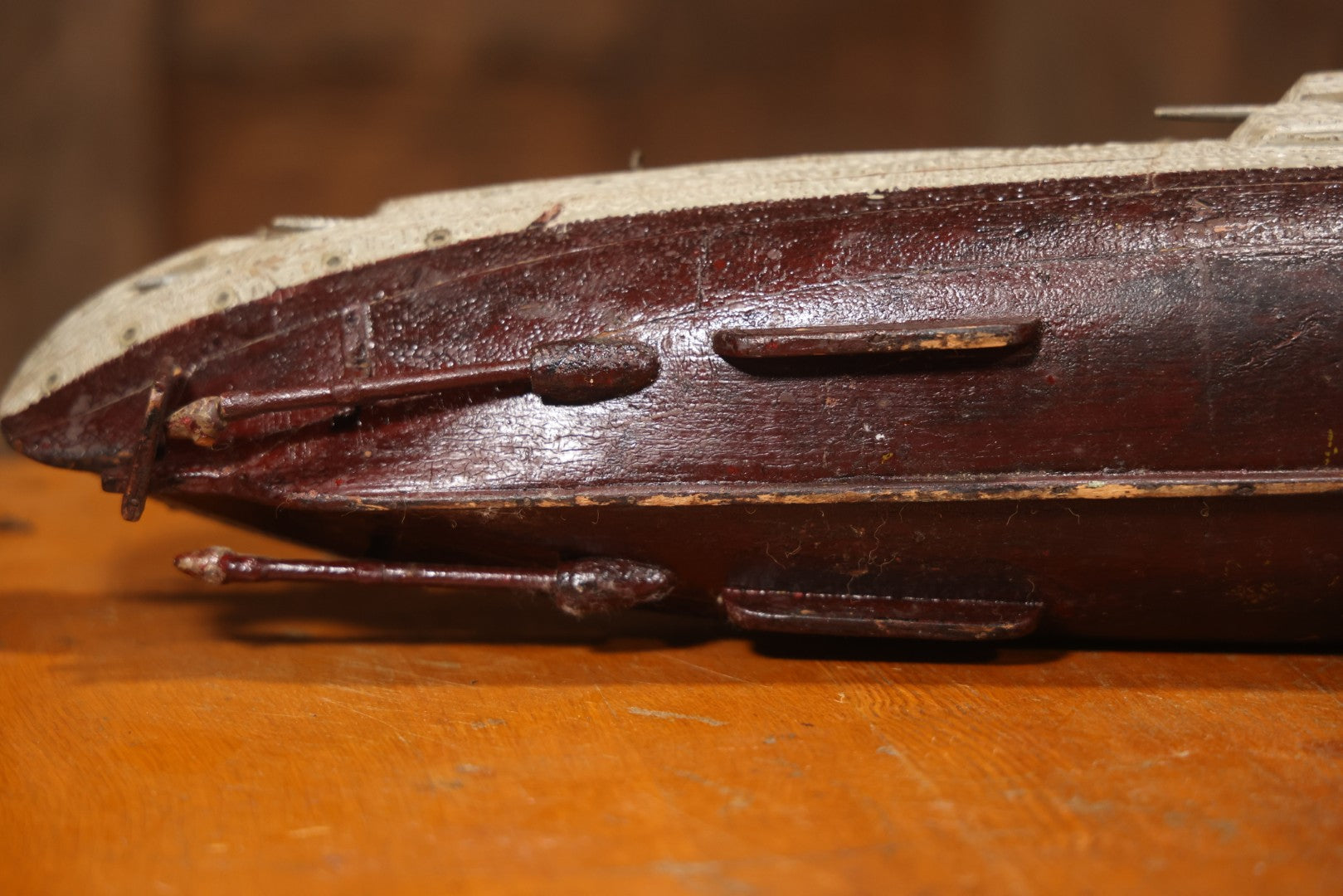 Vintage Folk Art Carved Wooden Battleship Model With Original Painted Surface, 23" L