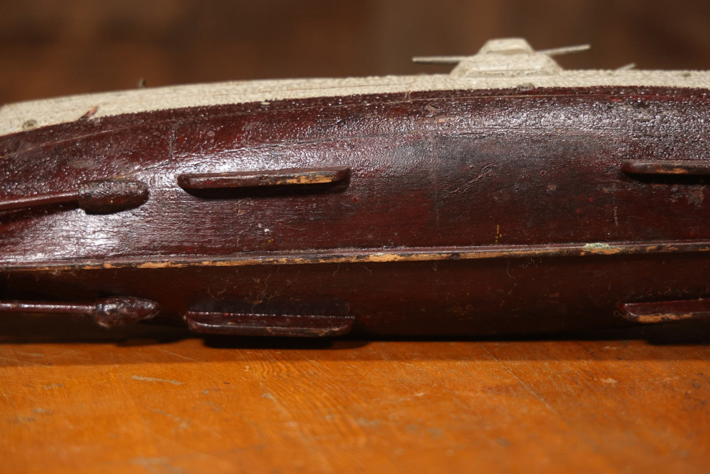 Vintage Folk Art Carved Wooden Battleship Model With Original Painted Surface, 23" L