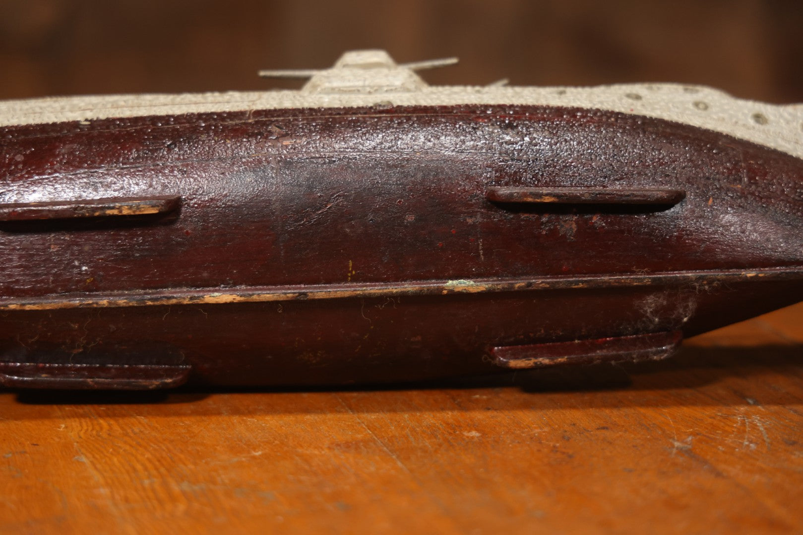 Vintage Folk Art Carved Wooden Battleship Model With Original Painted Surface, 23" L