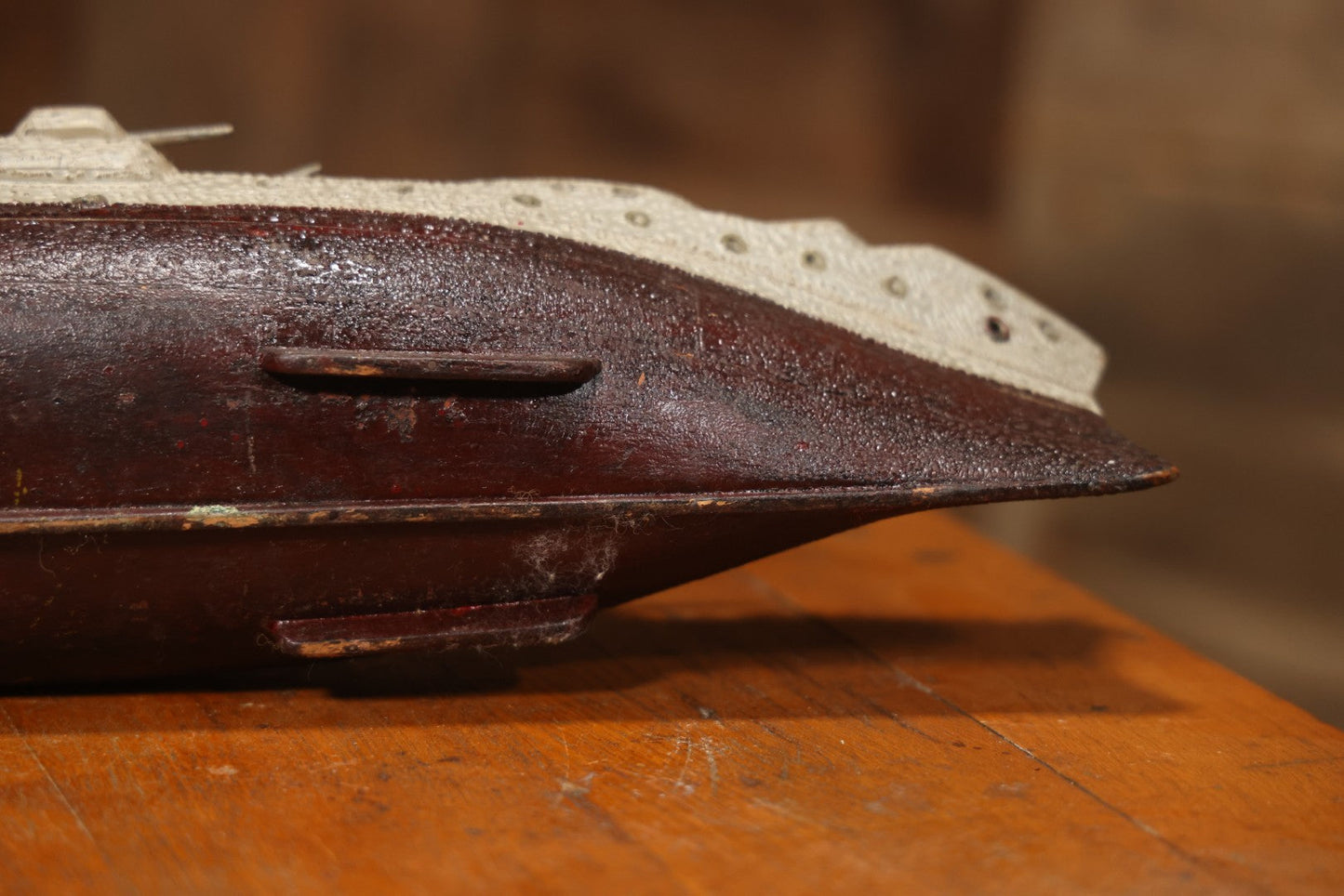 Vintage Folk Art Carved Wooden Battleship Model With Original Painted Surface, 23" L