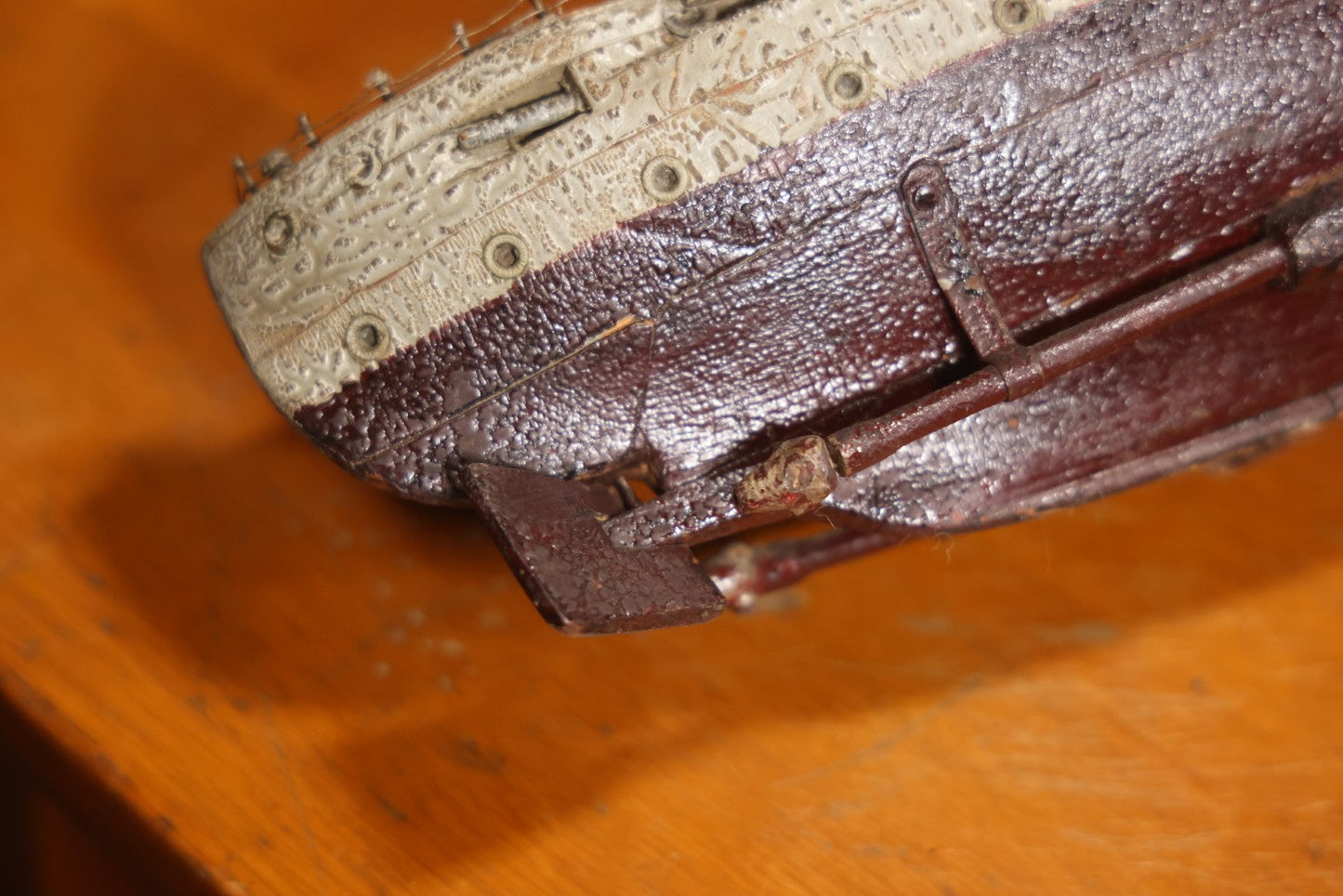 Vintage Folk Art Carved Wooden Battleship Model With Original Painted Surface, 23" L