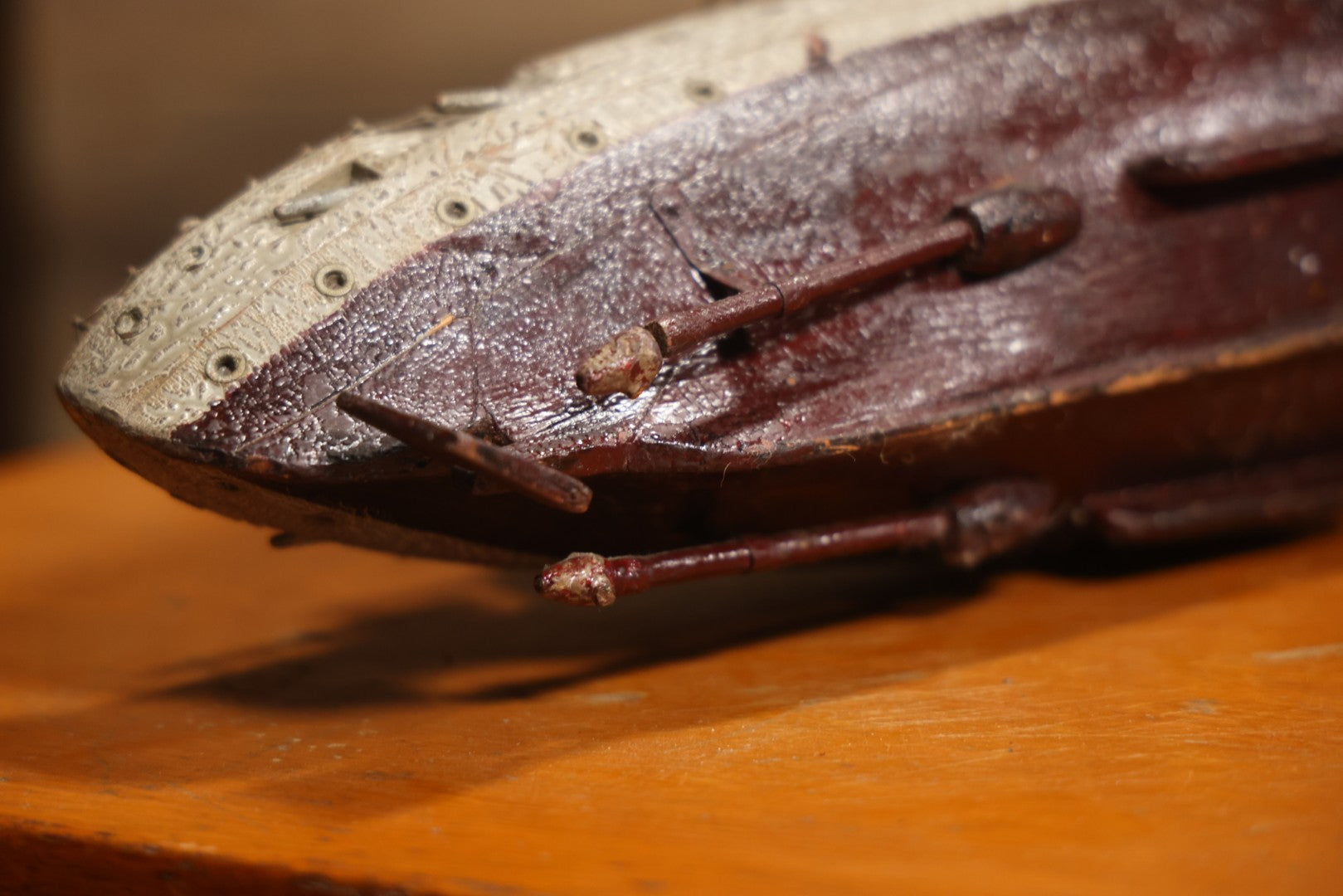 Vintage Folk Art Carved Wooden Battleship Model With Original Painted Surface, 23" L