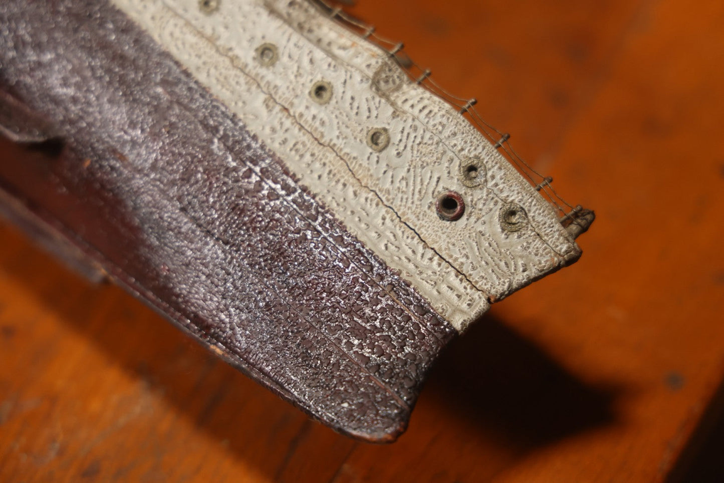 Vintage Folk Art Carved Wooden Battleship Model With Original Painted Surface, 23" L