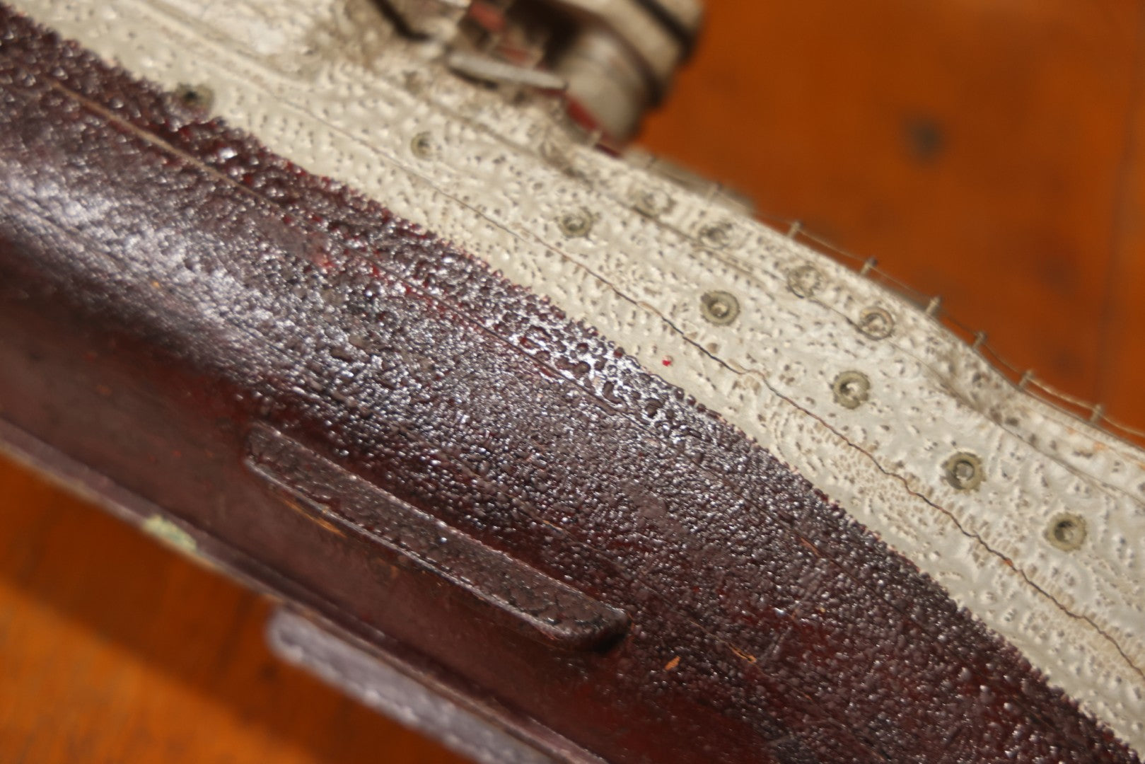 Vintage Folk Art Carved Wooden Battleship Model With Original Painted Surface, 23" L