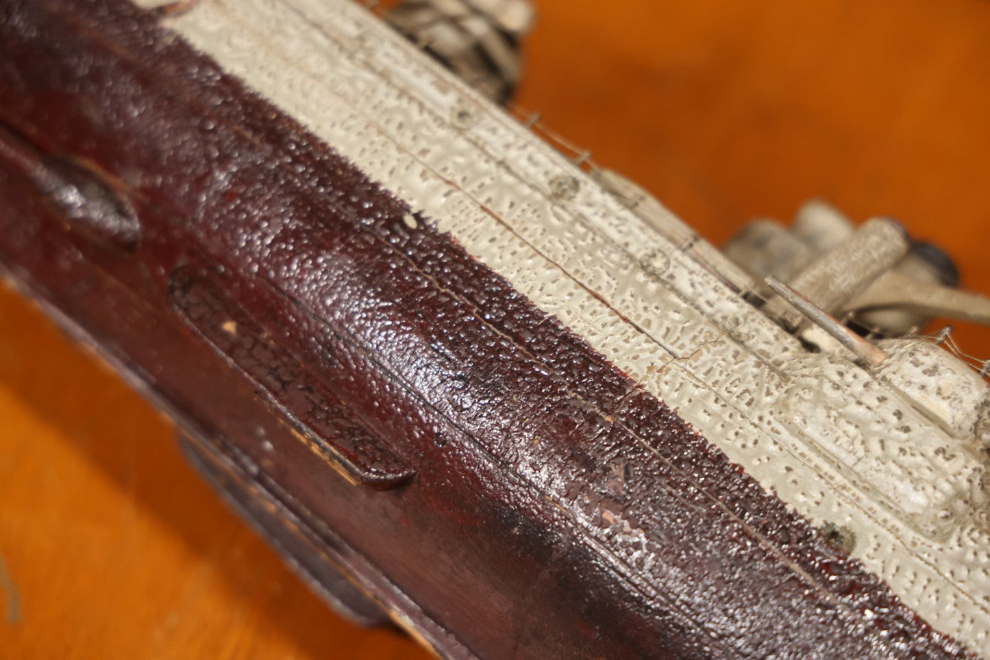 Vintage Folk Art Carved Wooden Battleship Model With Original Painted Surface, 23" L