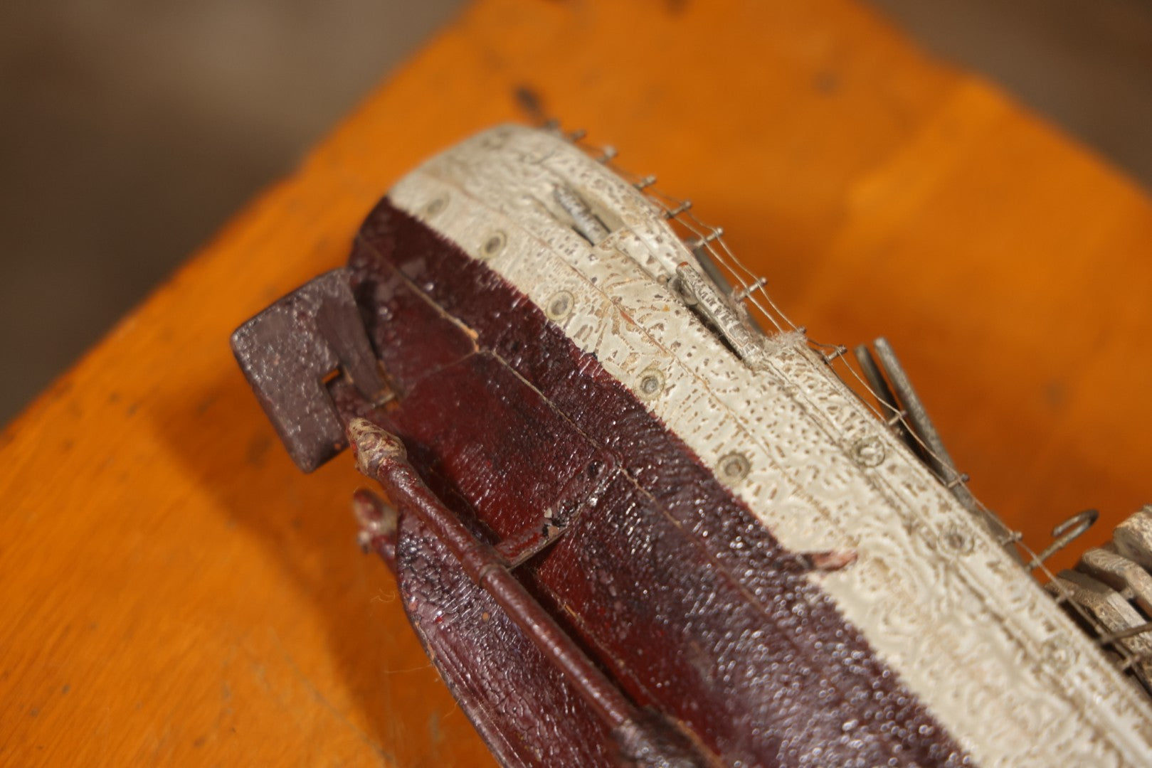 Vintage Folk Art Carved Wooden Battleship Model With Original Painted Surface, 23" L