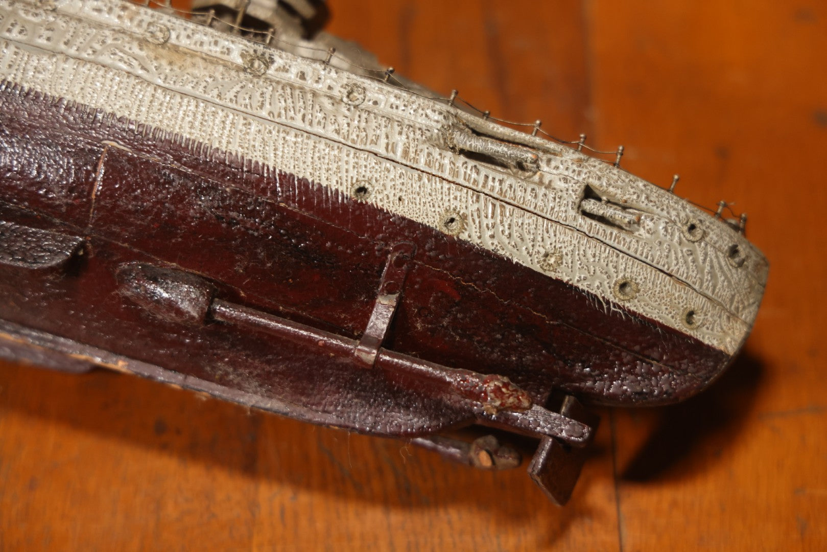 Vintage Folk Art Carved Wooden Battleship Model With Original Painted Surface, 23" L