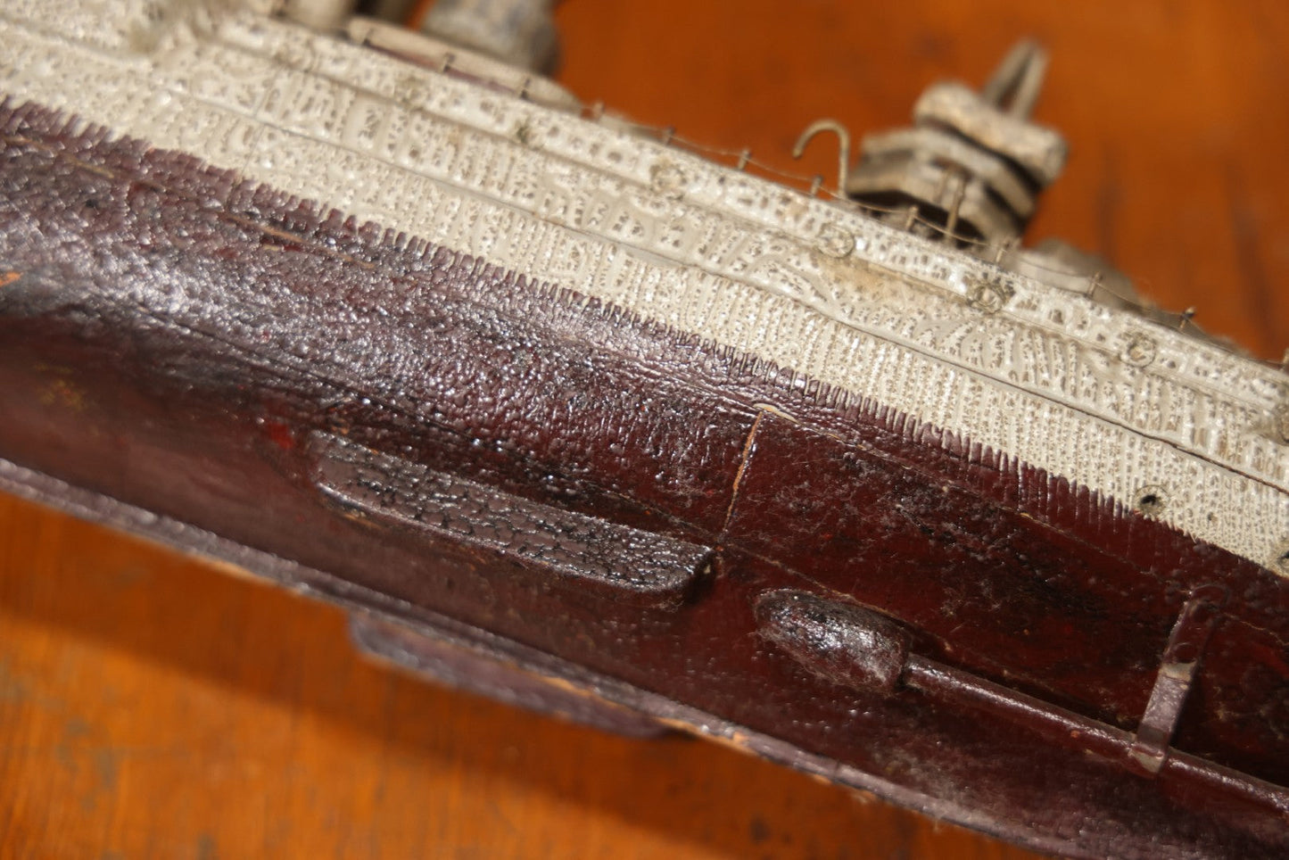 Vintage Folk Art Carved Wooden Battleship Model With Original Painted Surface, 23" L