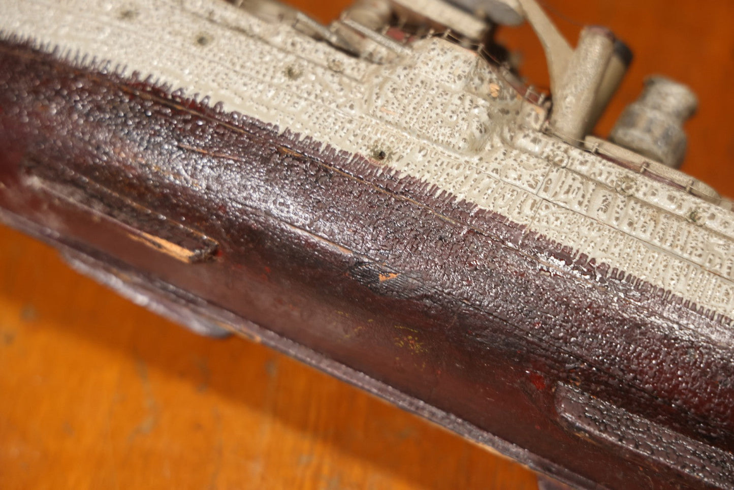 Vintage Folk Art Carved Wooden Battleship Model With Original Painted Surface, 23" L