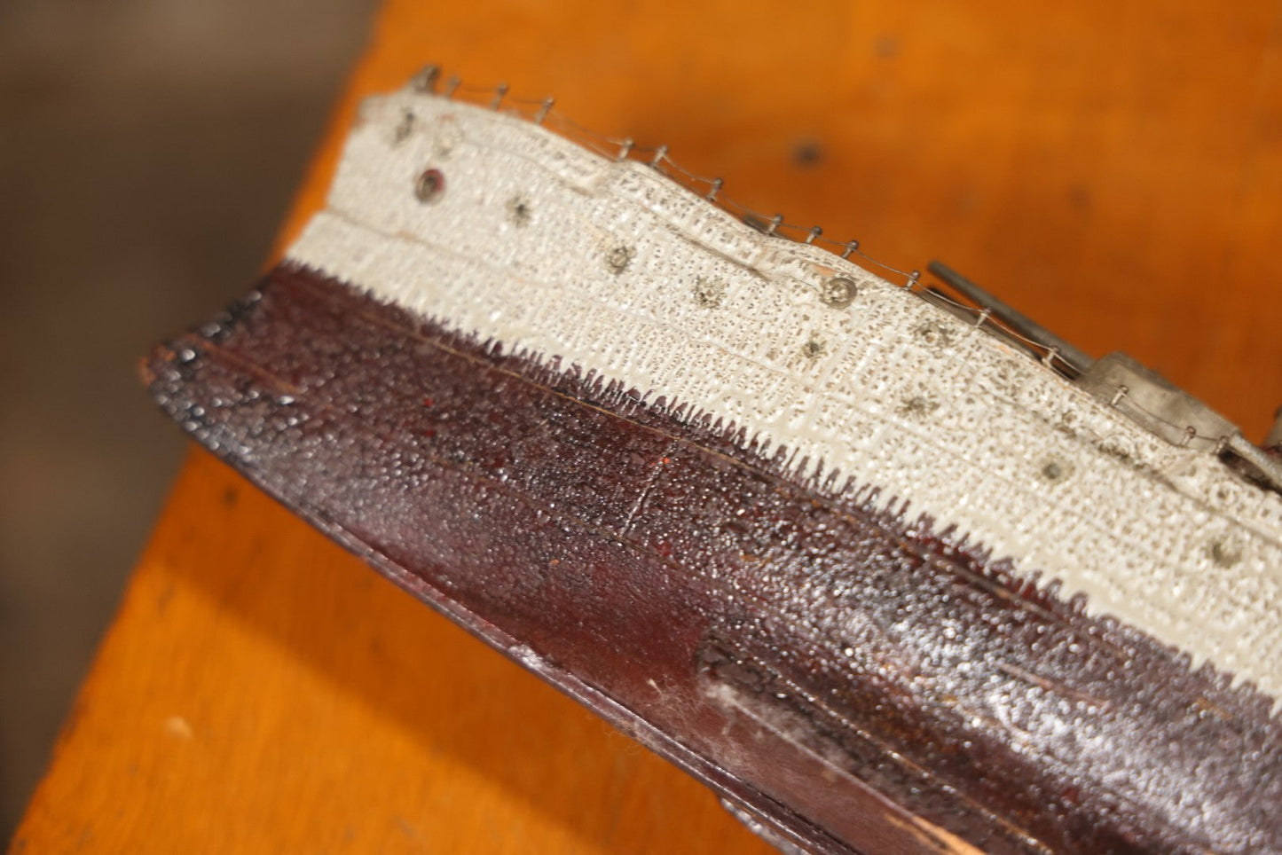 Vintage Folk Art Carved Wooden Battleship Model With Original Painted Surface, 23" L