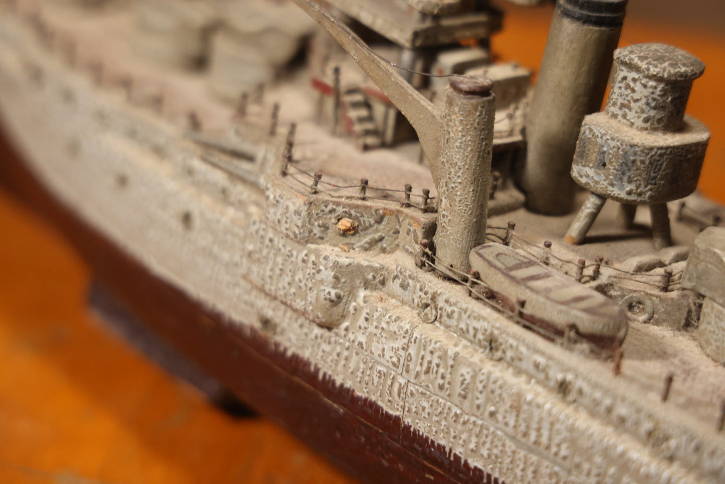 Vintage Folk Art Carved Wooden Battleship Model With Original Painted Surface, 23" L