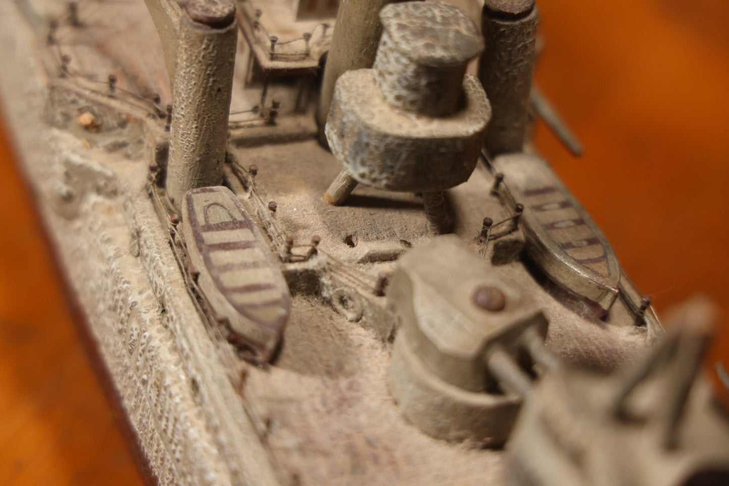 Vintage Folk Art Carved Wooden Battleship Model With Original Painted Surface, 23" L