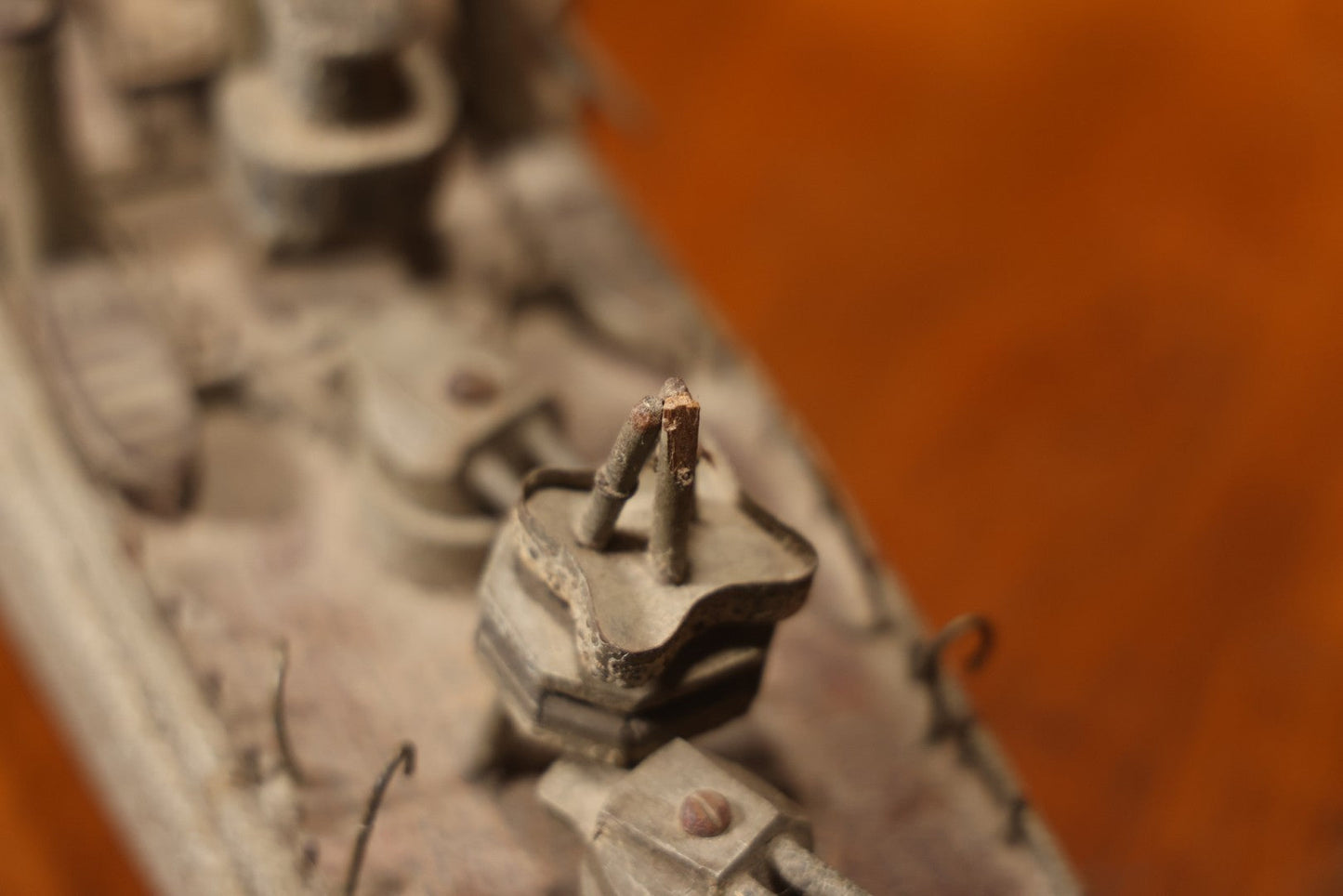 Vintage Folk Art Carved Wooden Battleship Model With Original Painted Surface, 23" L