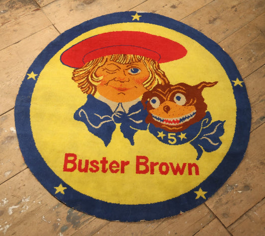 Vintage Buster Brown Round Shoe Store Advertising Rug With Character And Tige Dog Graphic, 52-1/2" X 53-1/2"