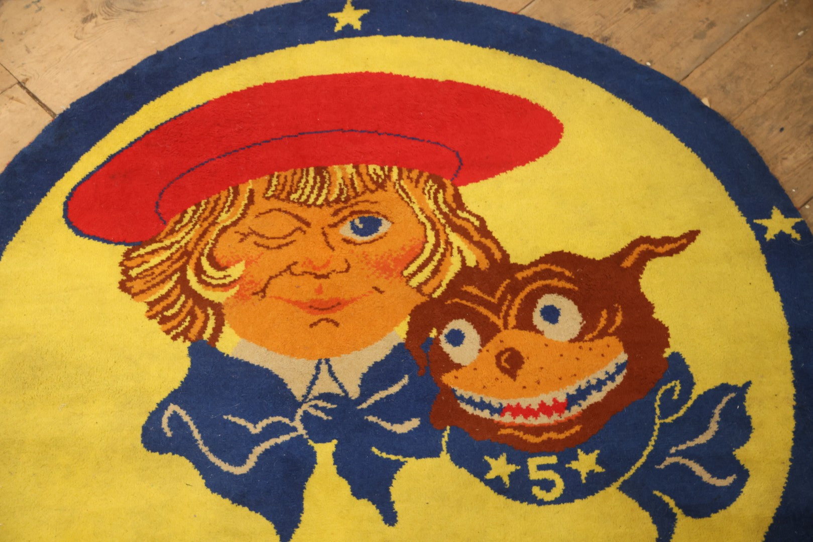 Vintage Buster Brown Round Shoe Store Advertising Rug With Character And Tige Dog Graphic, 52-1/2" X 53-1/2"