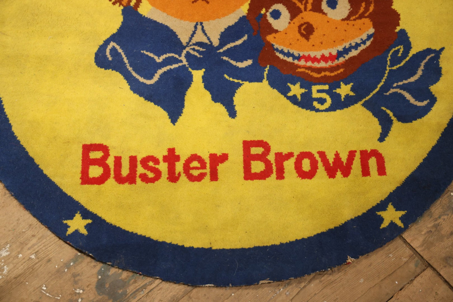 Vintage Buster Brown Round Shoe Store Advertising Rug With Character And Tige Dog Graphic, 52-1/2" X 53-1/2"