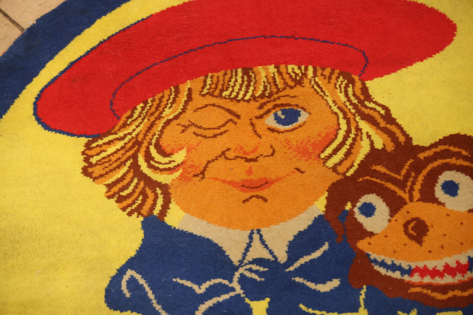 Vintage Buster Brown Round Shoe Store Advertising Rug With Character And Tige Dog Graphic, 52-1/2" X 53-1/2"