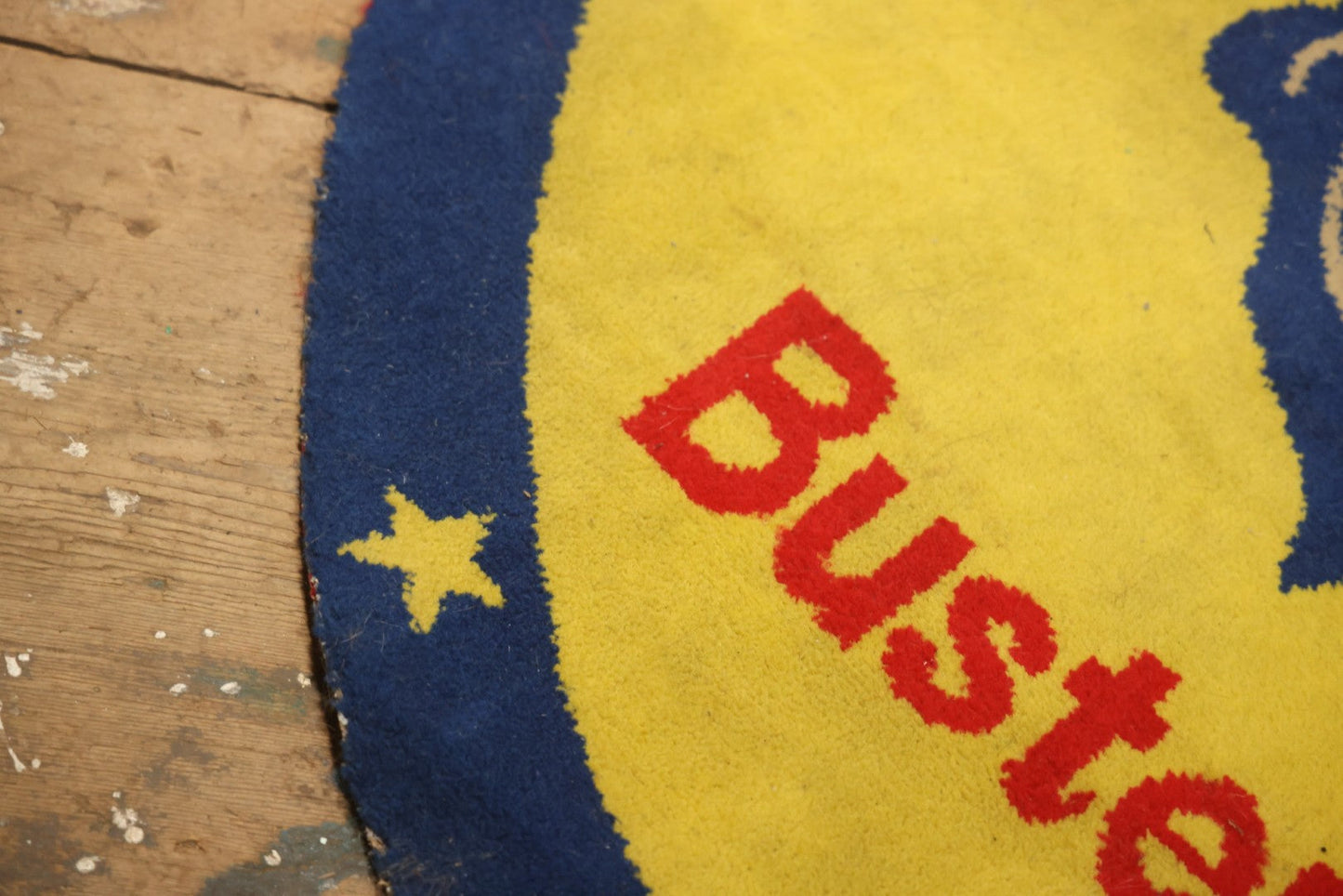 Vintage Buster Brown Round Shoe Store Advertising Rug With Character And Tige Dog Graphic, 52-1/2" X 53-1/2"