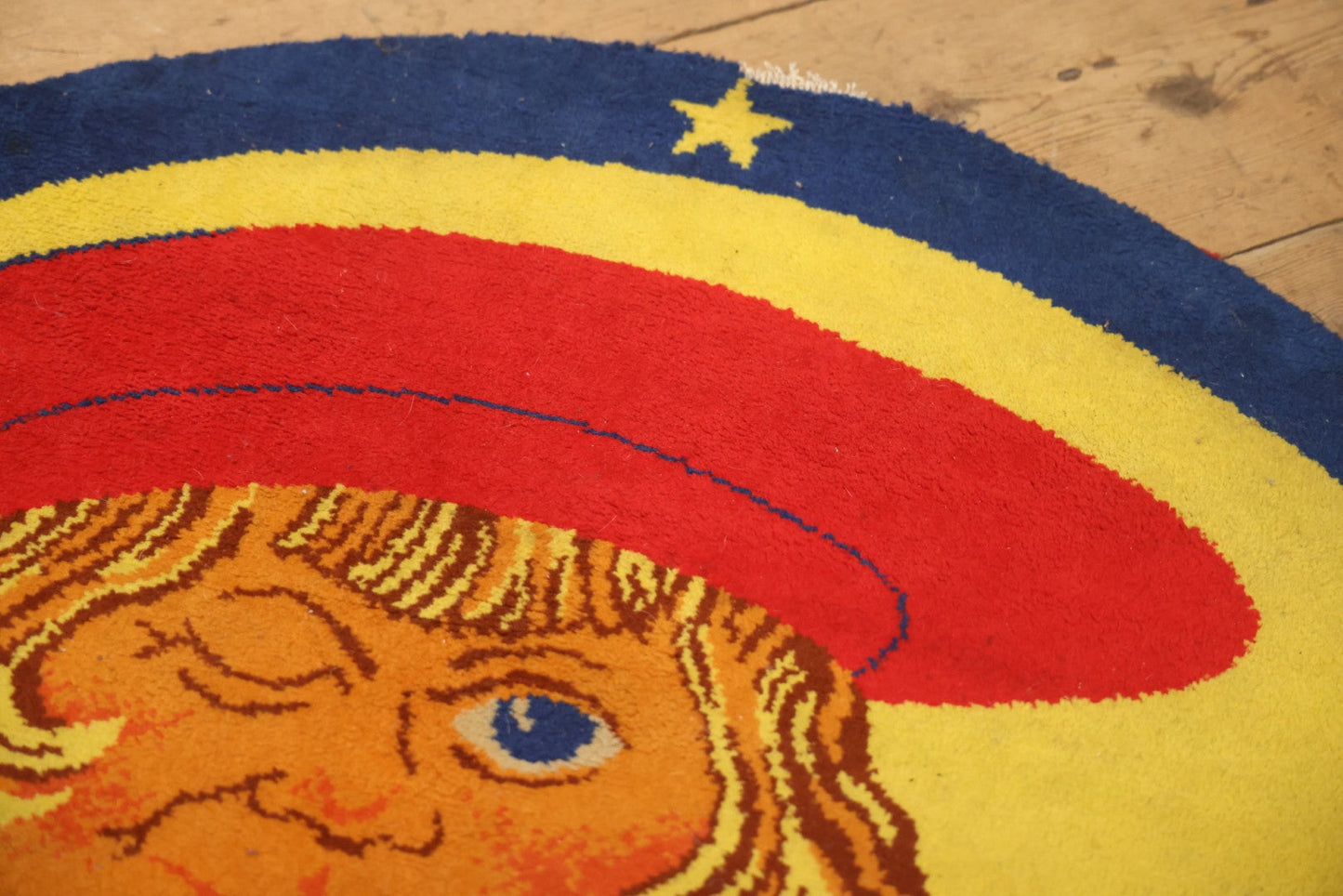 Vintage Buster Brown Round Shoe Store Advertising Rug With Character And Tige Dog Graphic, 52-1/2" X 53-1/2"