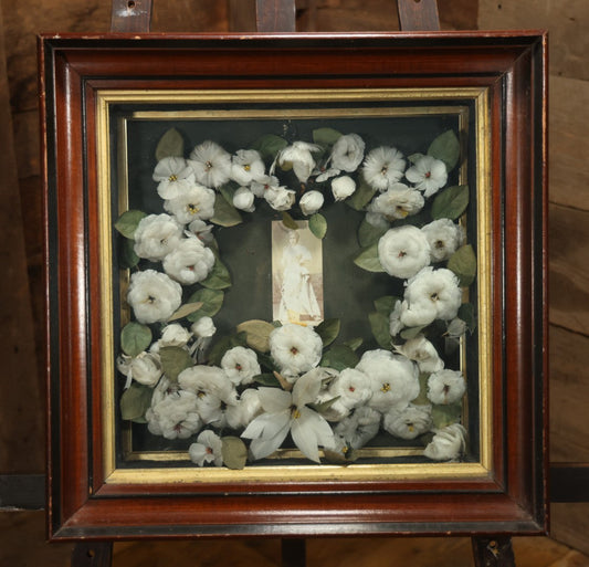 Early 20th Century Shadow Box Bridal Keepsake With Feather Flowers And Wedding Photograph, 23-7/8" X 23-7/8"