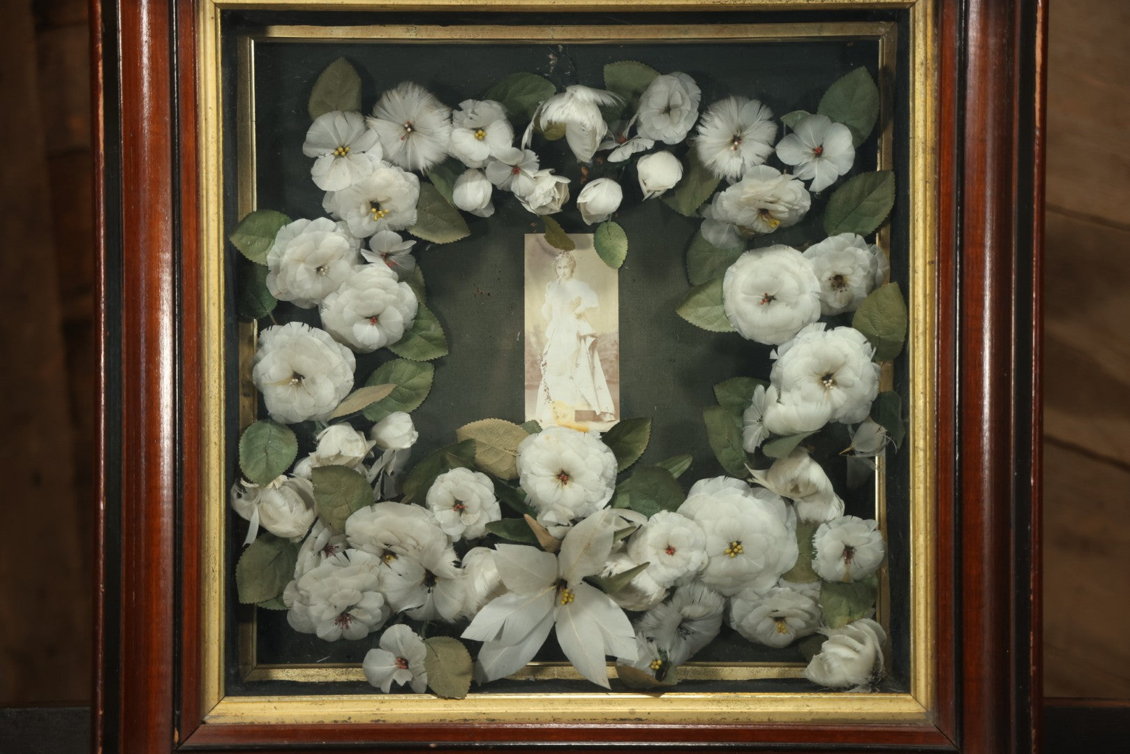 Early 20th Century Shadow Box Bridal Keepsake With Feather Flowers And Wedding Photograph, 23-7/8" X 23-7/8"