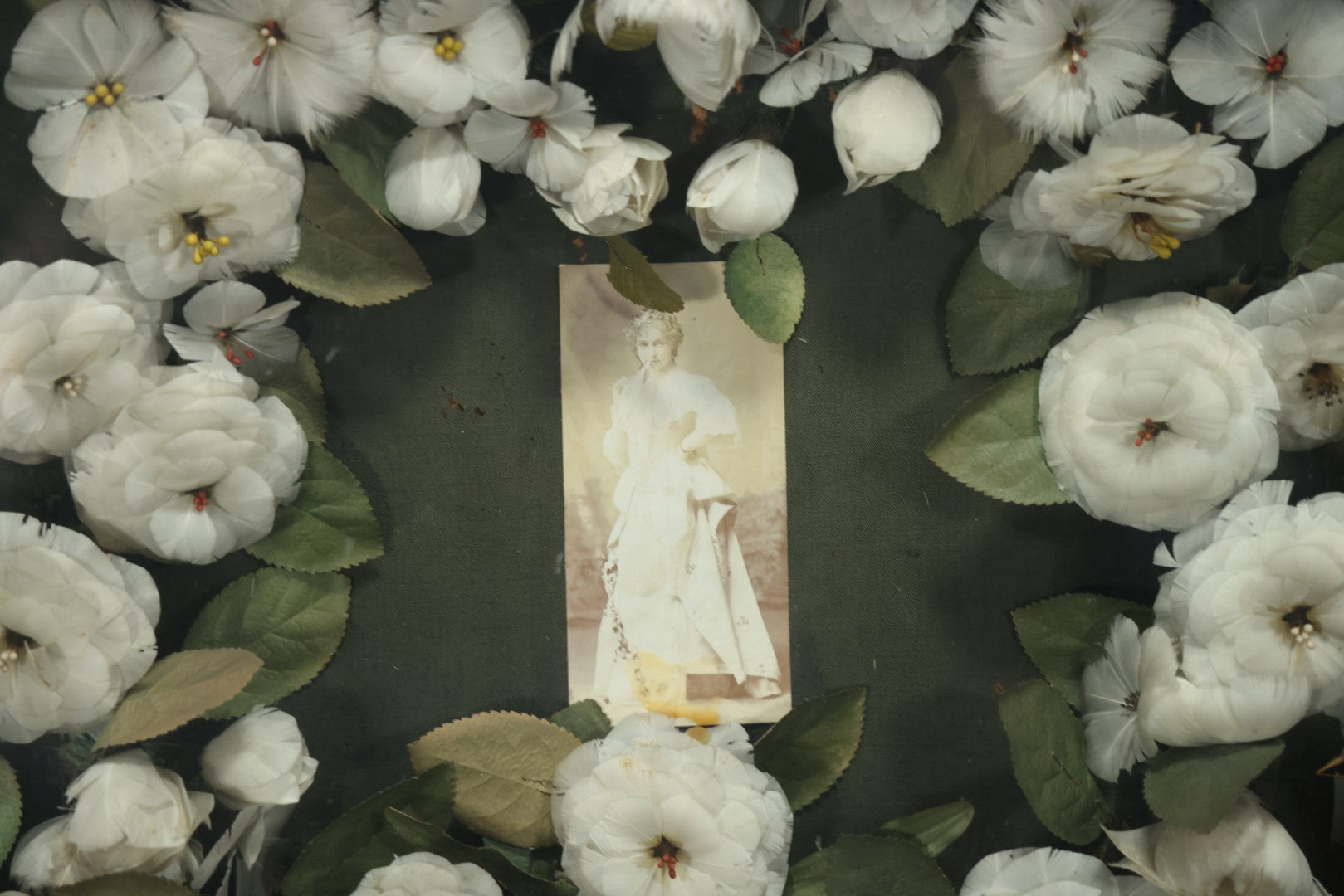 Early 20th Century Shadow Box Bridal Keepsake With Feather Flowers And Wedding Photograph, 23-7/8" X 23-7/8"