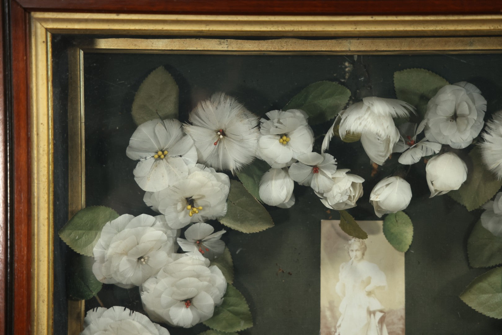 Early 20th Century Shadow Box Bridal Keepsake With Feather Flowers And Wedding Photograph, 23-7/8" X 23-7/8"