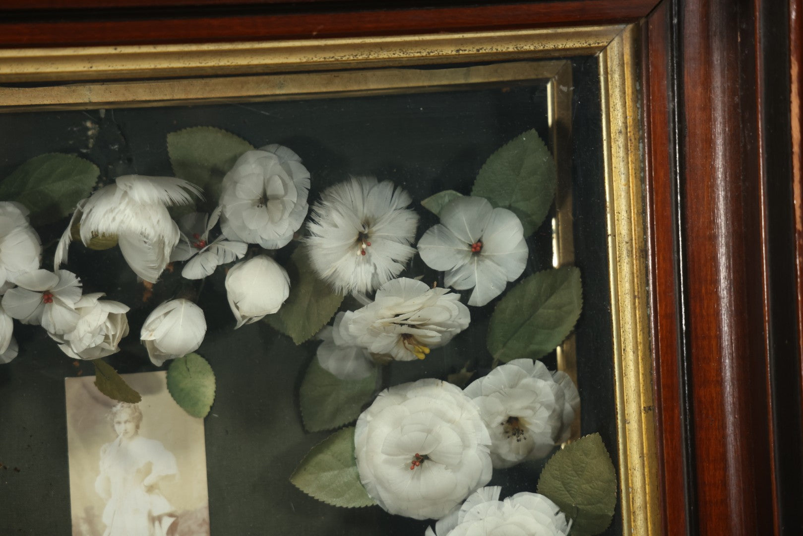 Early 20th Century Shadow Box Bridal Keepsake With Feather Flowers And Wedding Photograph, 23-7/8" X 23-7/8"