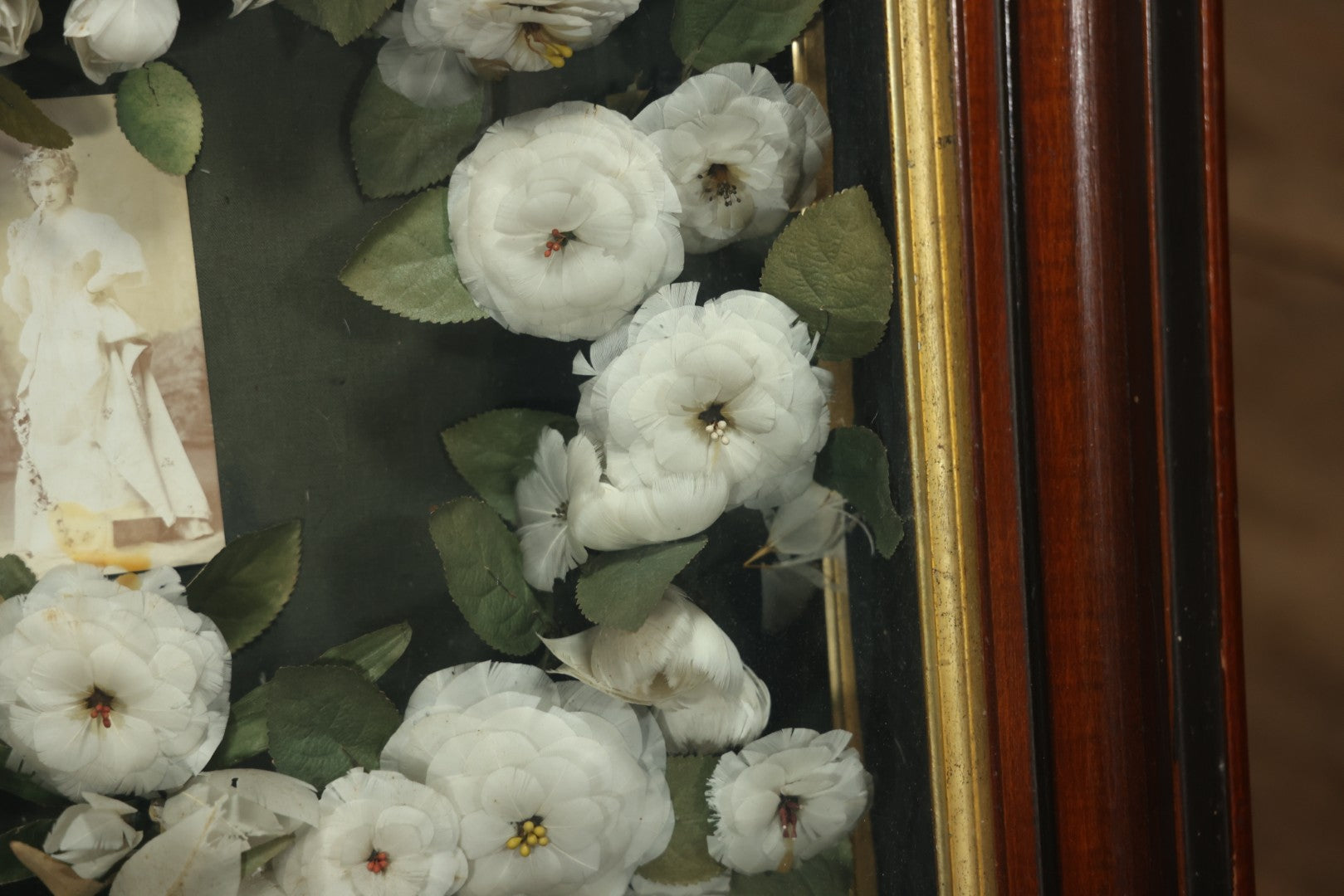 Early 20th Century Shadow Box Bridal Keepsake With Feather Flowers And Wedding Photograph, 23-7/8" X 23-7/8"