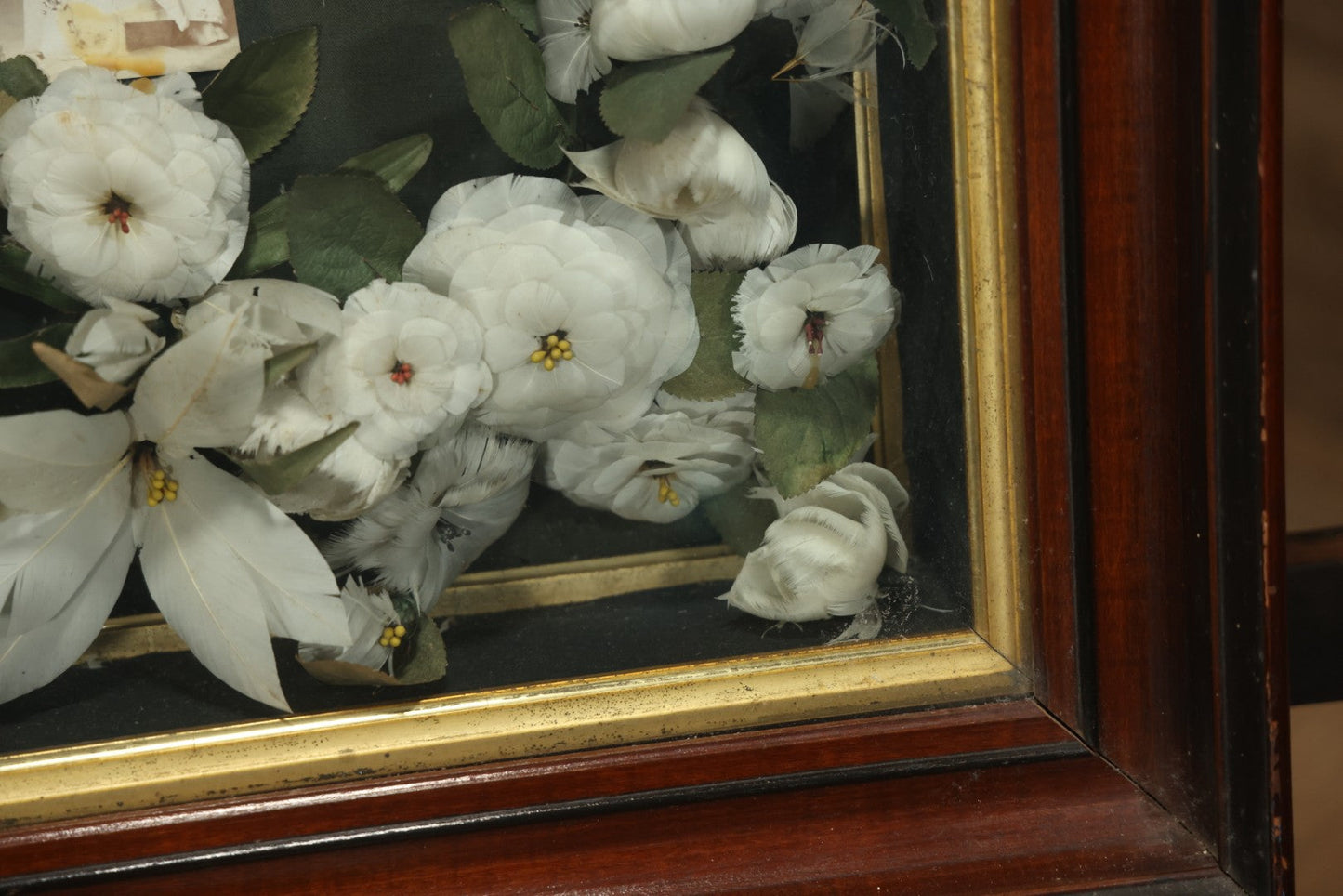 Early 20th Century Shadow Box Bridal Keepsake With Feather Flowers And Wedding Photograph, 23-7/8" X 23-7/8"
