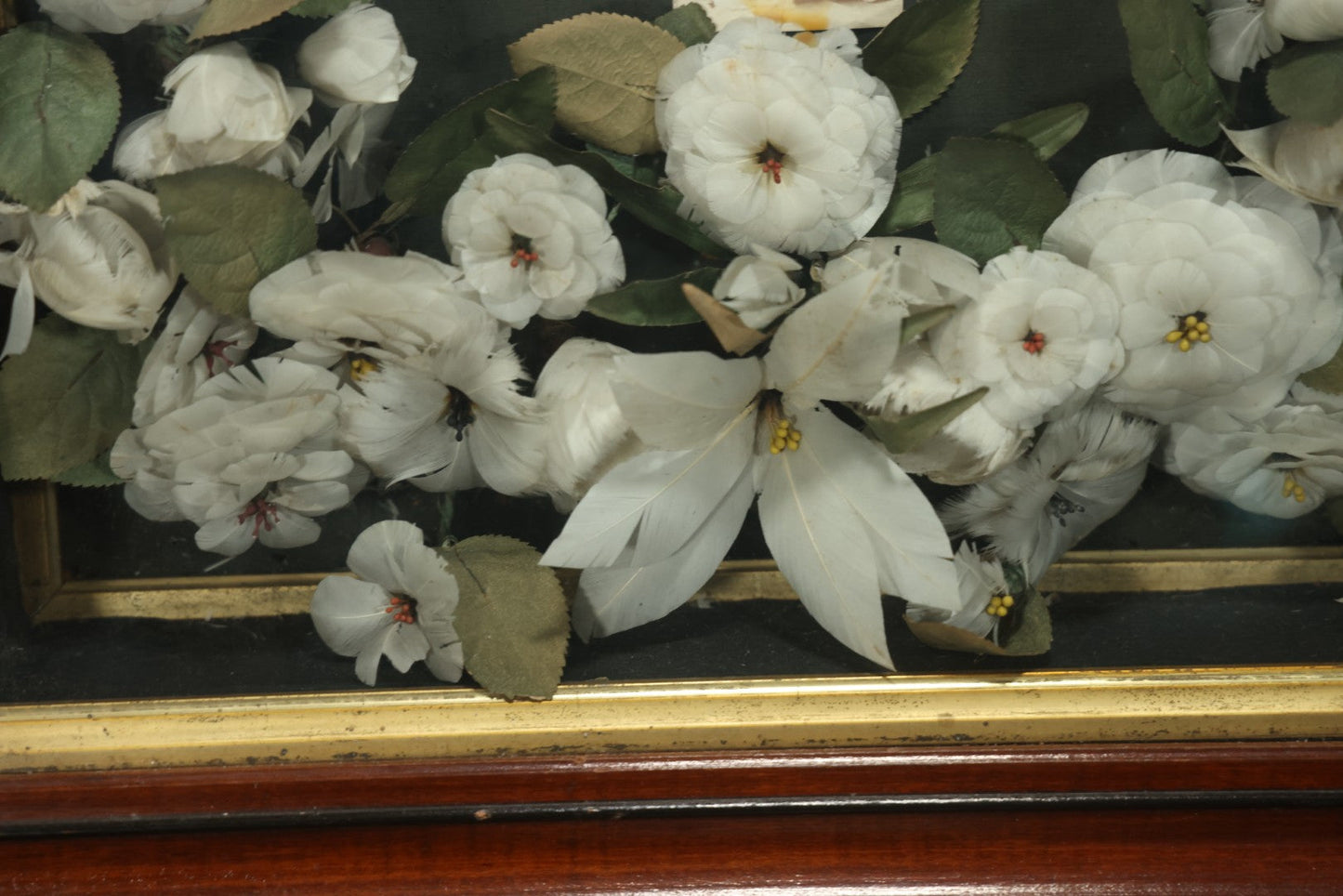 Early 20th Century Shadow Box Bridal Keepsake With Feather Flowers And Wedding Photograph, 23-7/8" X 23-7/8"