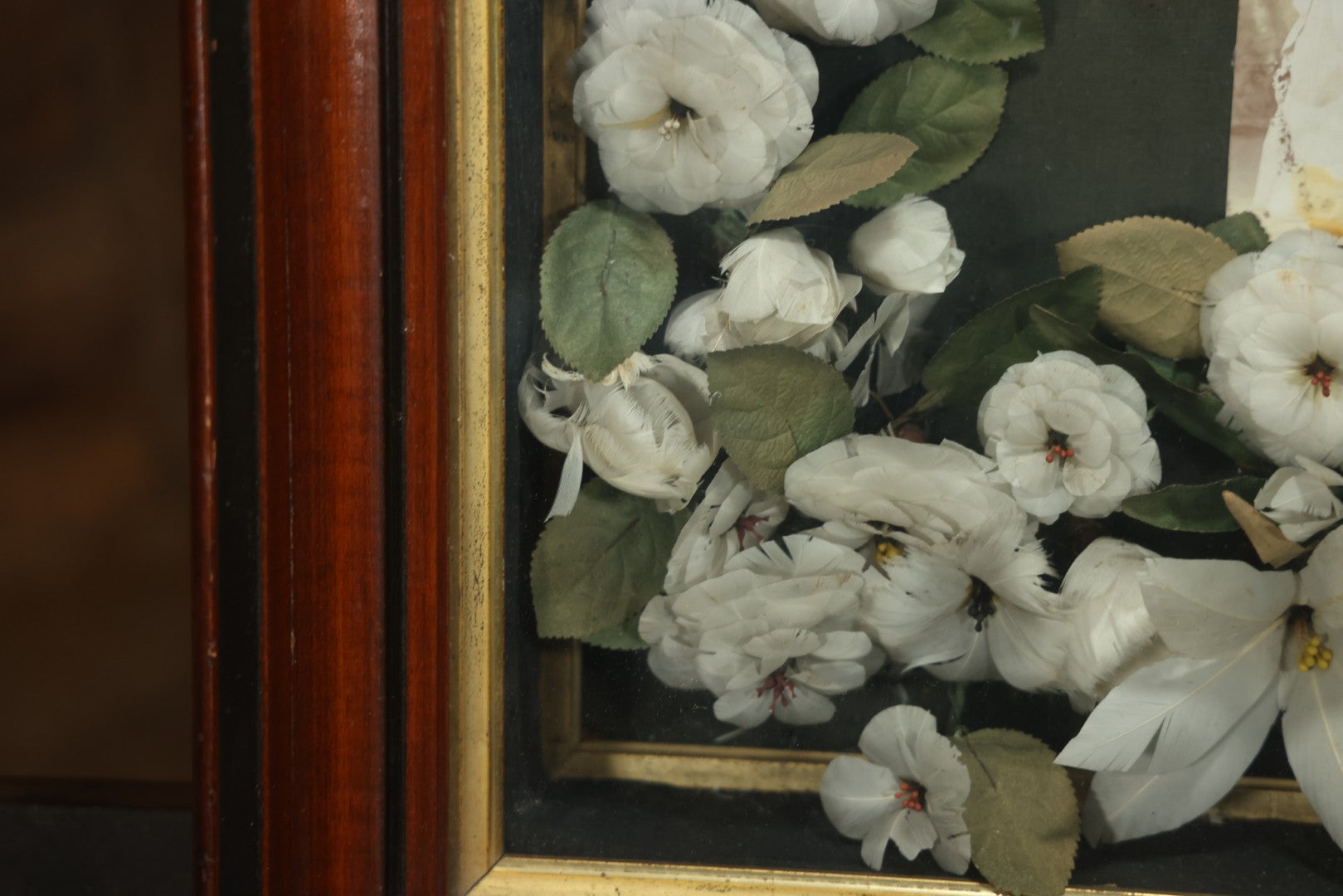 Early 20th Century Shadow Box Bridal Keepsake With Feather Flowers And Wedding Photograph, 23-7/8" X 23-7/8"