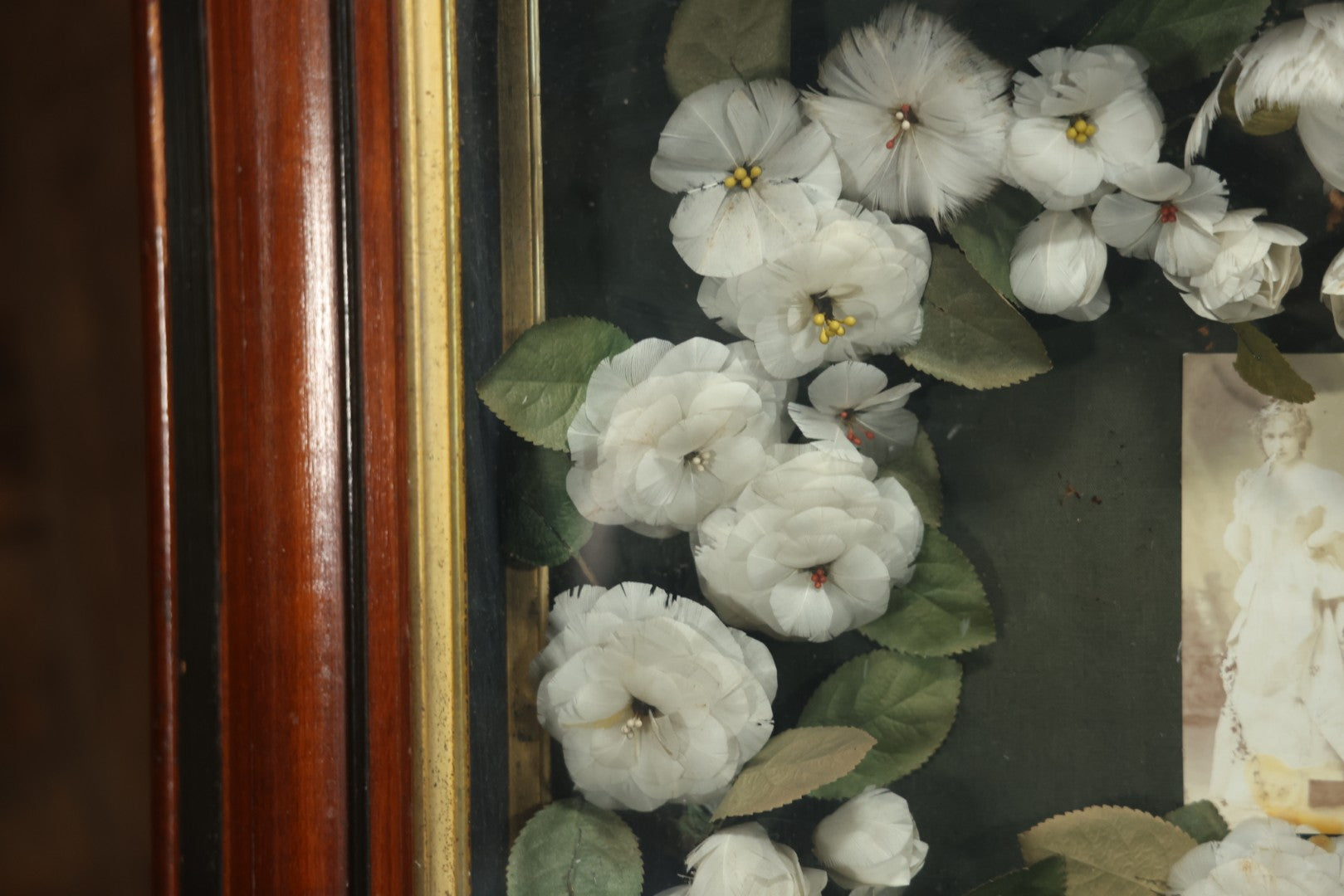 Early 20th Century Shadow Box Bridal Keepsake With Feather Flowers And Wedding Photograph, 23-7/8" X 23-7/8"