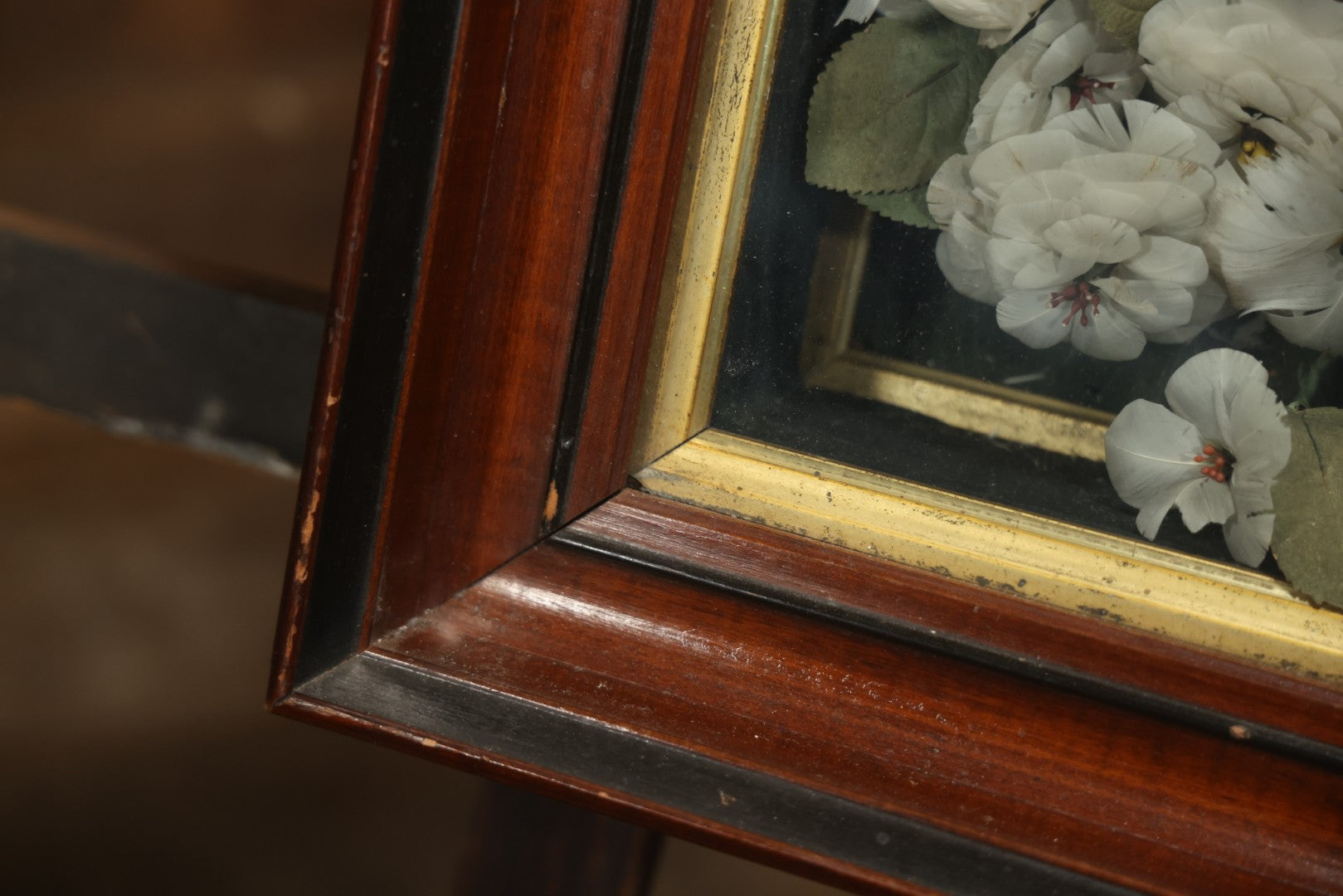 Early 20th Century Shadow Box Bridal Keepsake With Feather Flowers And Wedding Photograph, 23-7/8" X 23-7/8"