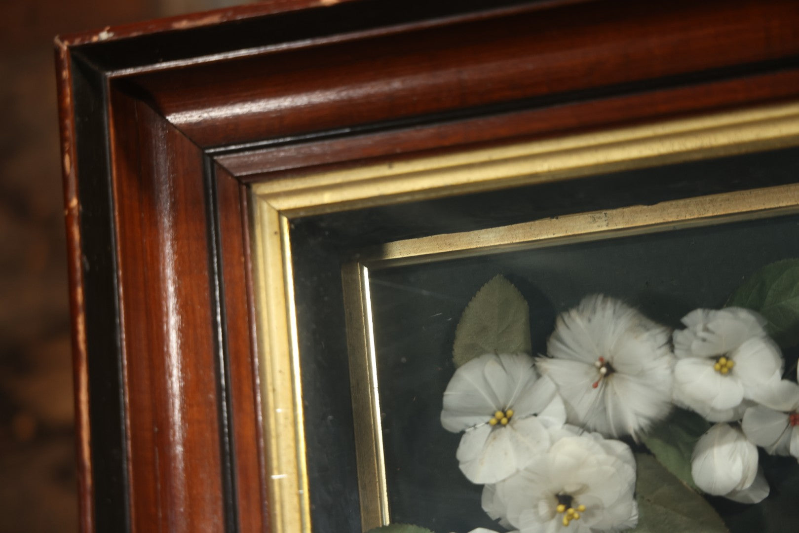 Early 20th Century Shadow Box Bridal Keepsake With Feather Flowers And Wedding Photograph, 23-7/8" X 23-7/8"