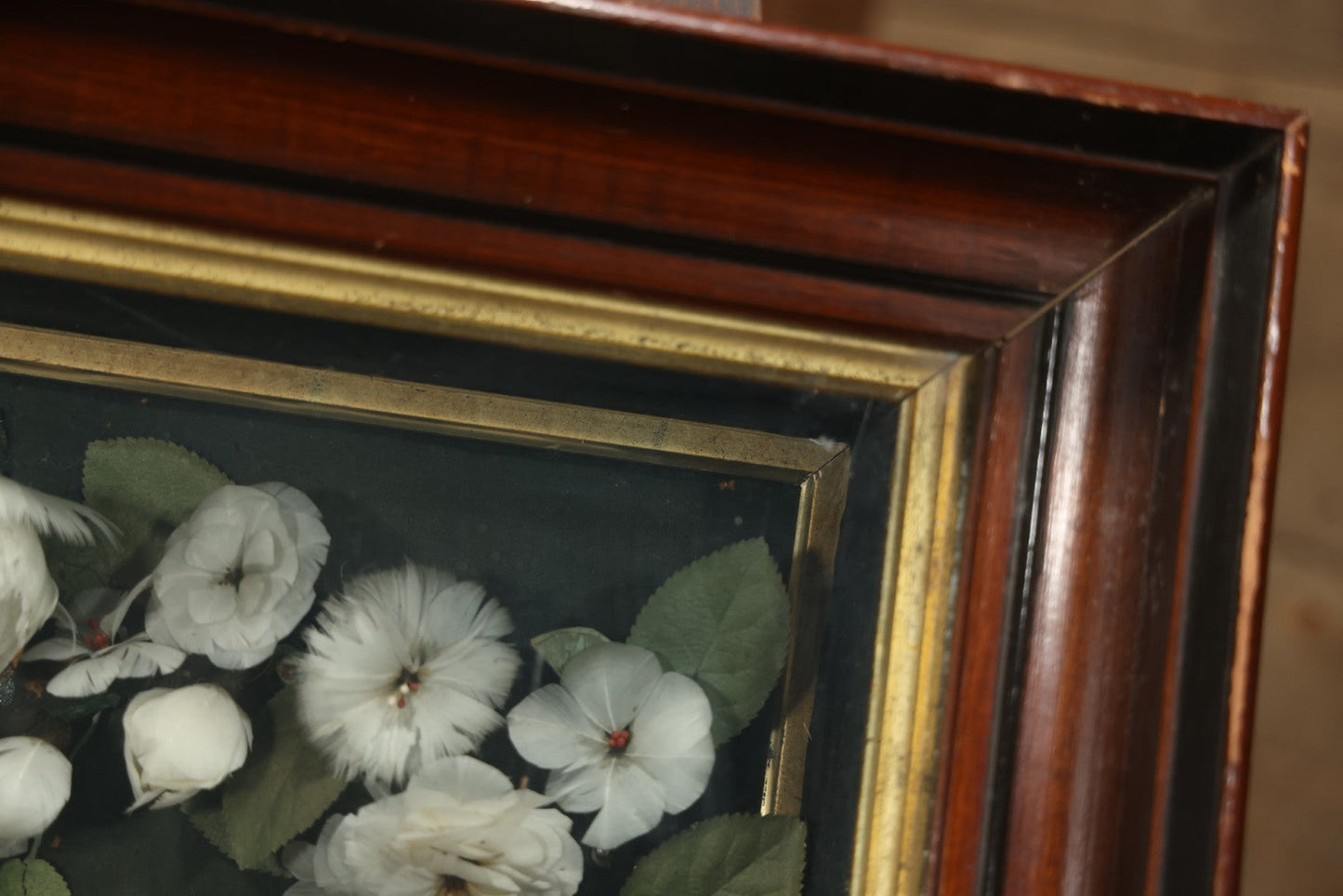Early 20th Century Shadow Box Bridal Keepsake With Feather Flowers And Wedding Photograph, 23-7/8" X 23-7/8"