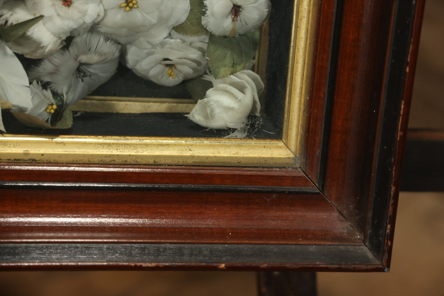 Early 20th Century Shadow Box Bridal Keepsake With Feather Flowers And Wedding Photograph, 23-7/8" X 23-7/8"