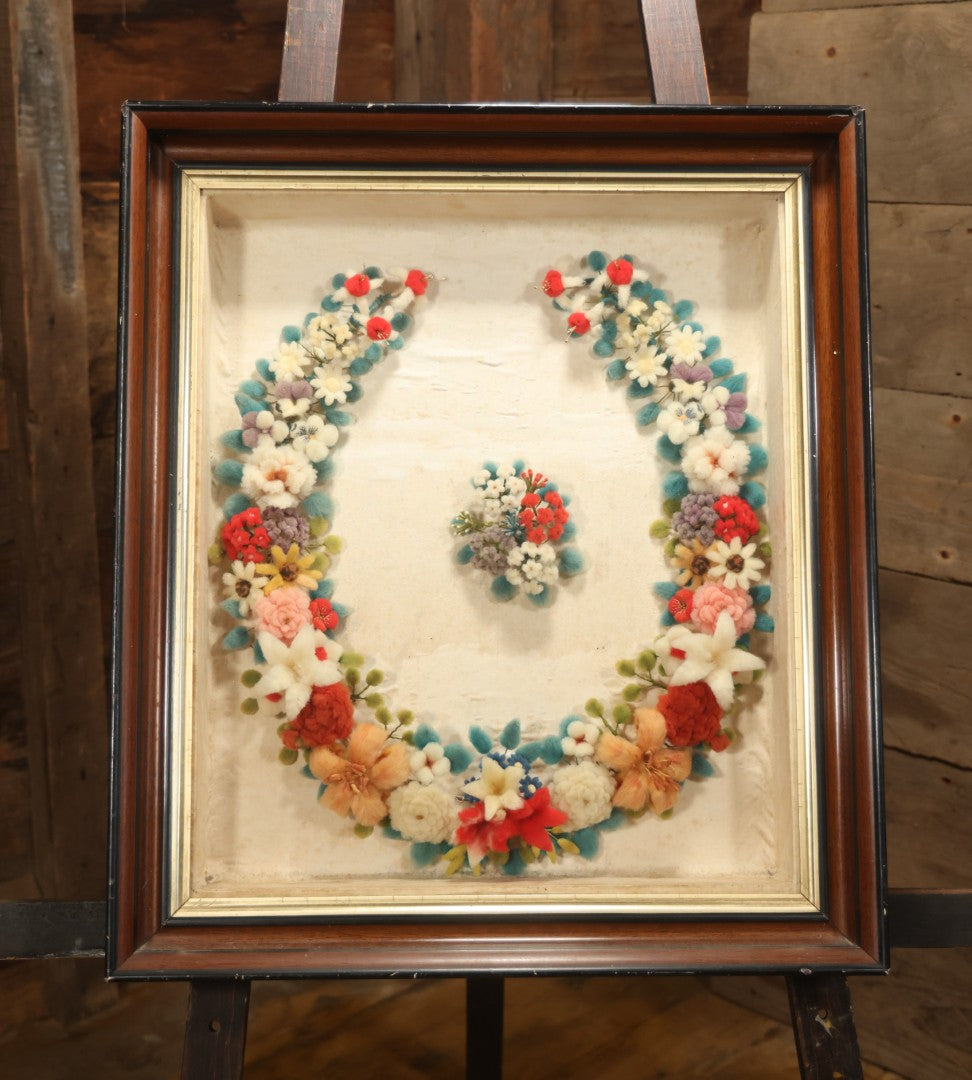 Early 20th Century Shadow Box With Wool Work Flower Horseshoe And Bouquet Arrangement, 24-5/8" X 28-3/8"