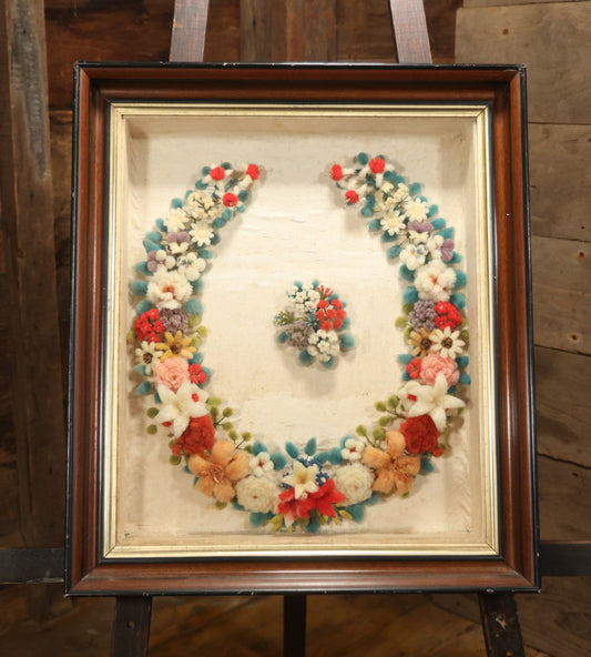 Early 20th Century Shadow Box With Wool Work Flower Horseshoe And Bouquet Arrangement, 24-5/8" X 28-3/8"