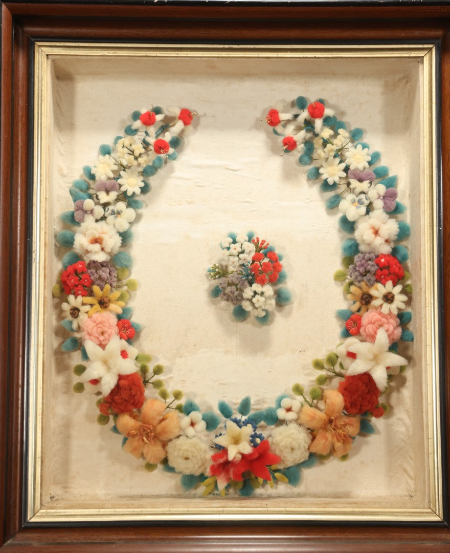 Early 20th Century Shadow Box With Wool Work Flower Horseshoe And Bouquet Arrangement, 24-5/8" X 28-3/8"