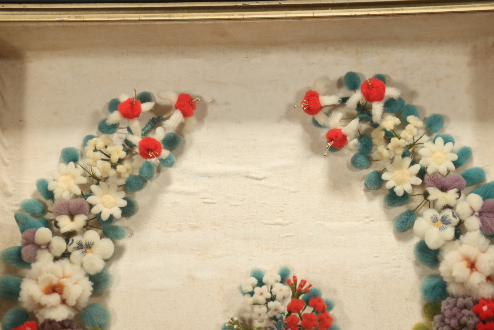 Early 20th Century Shadow Box With Wool Work Flower Horseshoe And Bouquet Arrangement, 24-5/8" X 28-3/8"