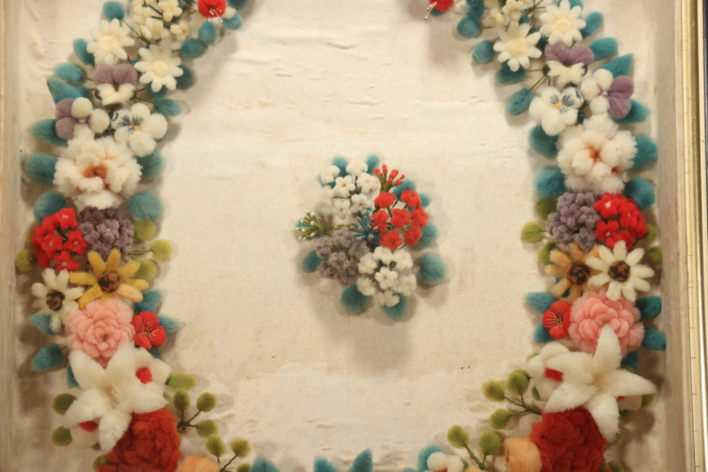 Early 20th Century Shadow Box With Wool Work Flower Horseshoe And Bouquet Arrangement, 24-5/8" X 28-3/8"
