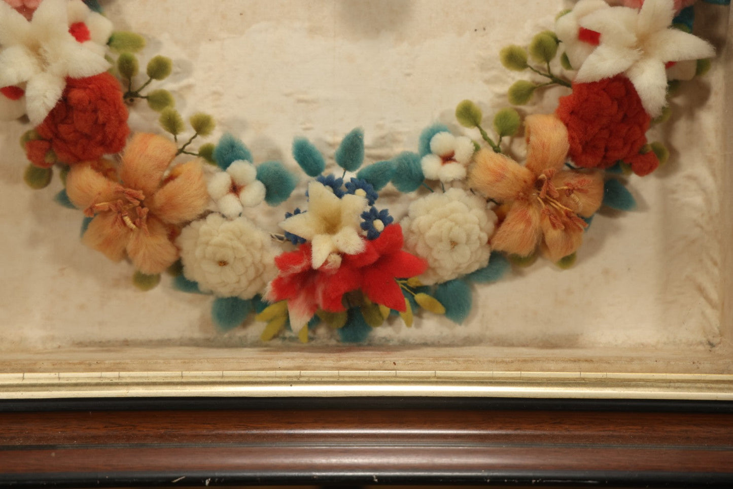 Early 20th Century Shadow Box With Wool Work Flower Horseshoe And Bouquet Arrangement, 24-5/8" X 28-3/8"